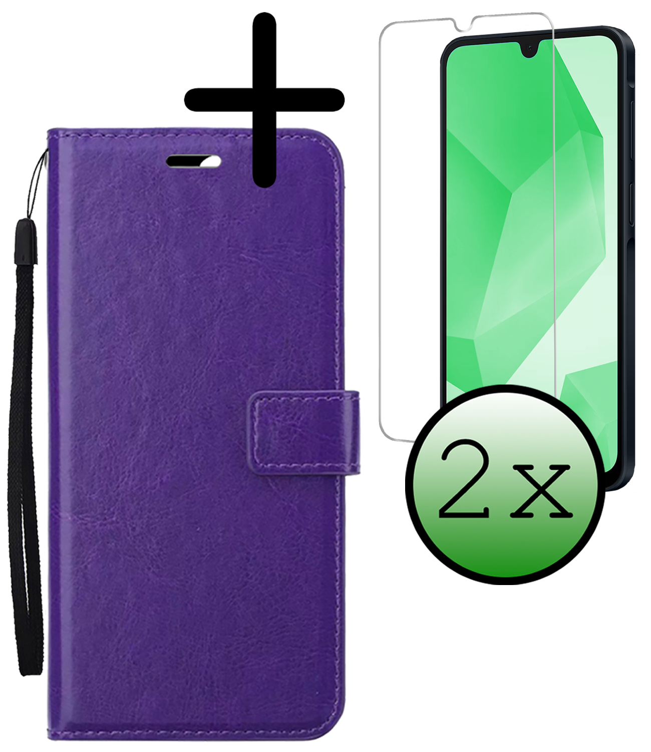BASEY. Hoes Geschikt voor Samsung A16 Hoesje Bookcase Hoes Flip Case Book Cover Met 2x Screenprotector - Hoesje Geschikt voor Samsung Galaxy A16 Hoes Book Case Hoesje - Paars