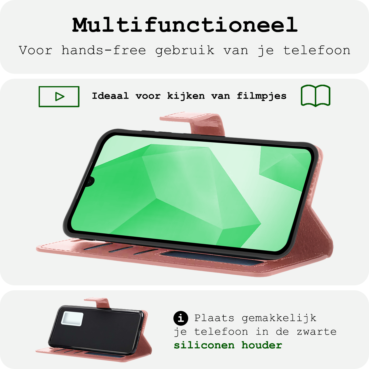 BASEY. Hoes Geschikt voor Samsung A16 Hoesje Bookcase Hoes Flip Case Book Cover Met 2x Screenprotector - Hoesje Geschikt voor Samsung Galaxy A16 Hoes Book Case Hoesje - Rosé goud