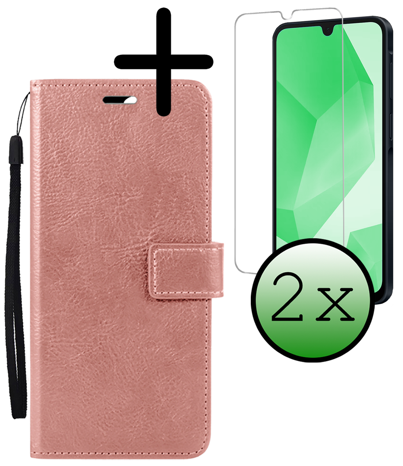 BASEY. Hoes Geschikt voor Samsung A16 Hoesje Bookcase Hoes Flip Case Book Cover Met 2x Screenprotector - Hoesje Geschikt voor Samsung Galaxy A16 Hoes Book Case Hoesje - Rosé goud