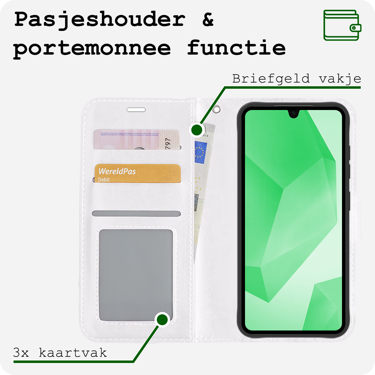 BASEY. Hoes Geschikt voor Samsung A16 Hoesje Bookcase Hoes Flip Case Book Cover Met 2x Screenprotector - Hoesje Geschikt voor Samsung Galaxy A16 Hoes Book Case Hoesje - Wit