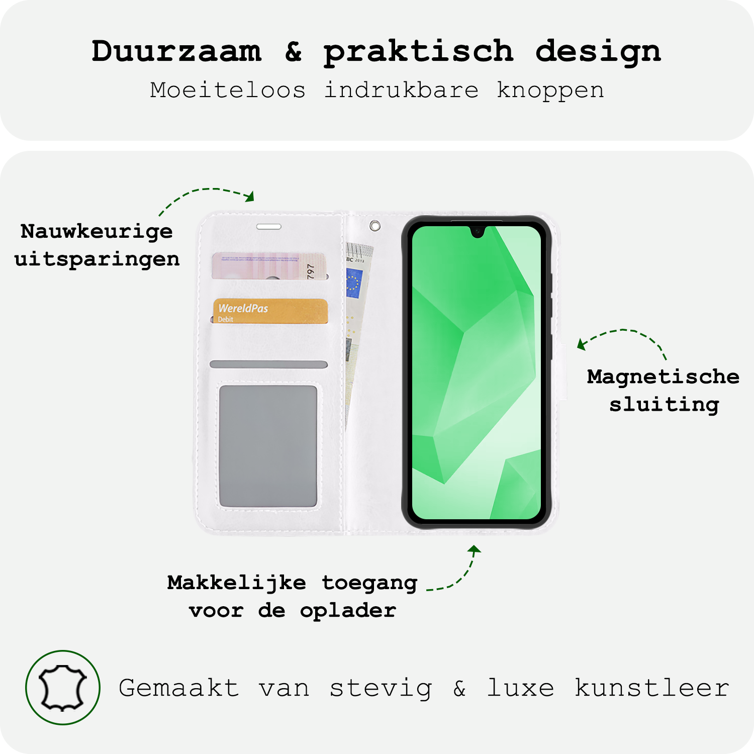 BASEY. Hoes Geschikt voor Samsung A16 Hoesje Bookcase Hoes Flip Case Book Cover Met 2x Screenprotector - Hoesje Geschikt voor Samsung Galaxy A16 Hoes Book Case Hoesje - Wit