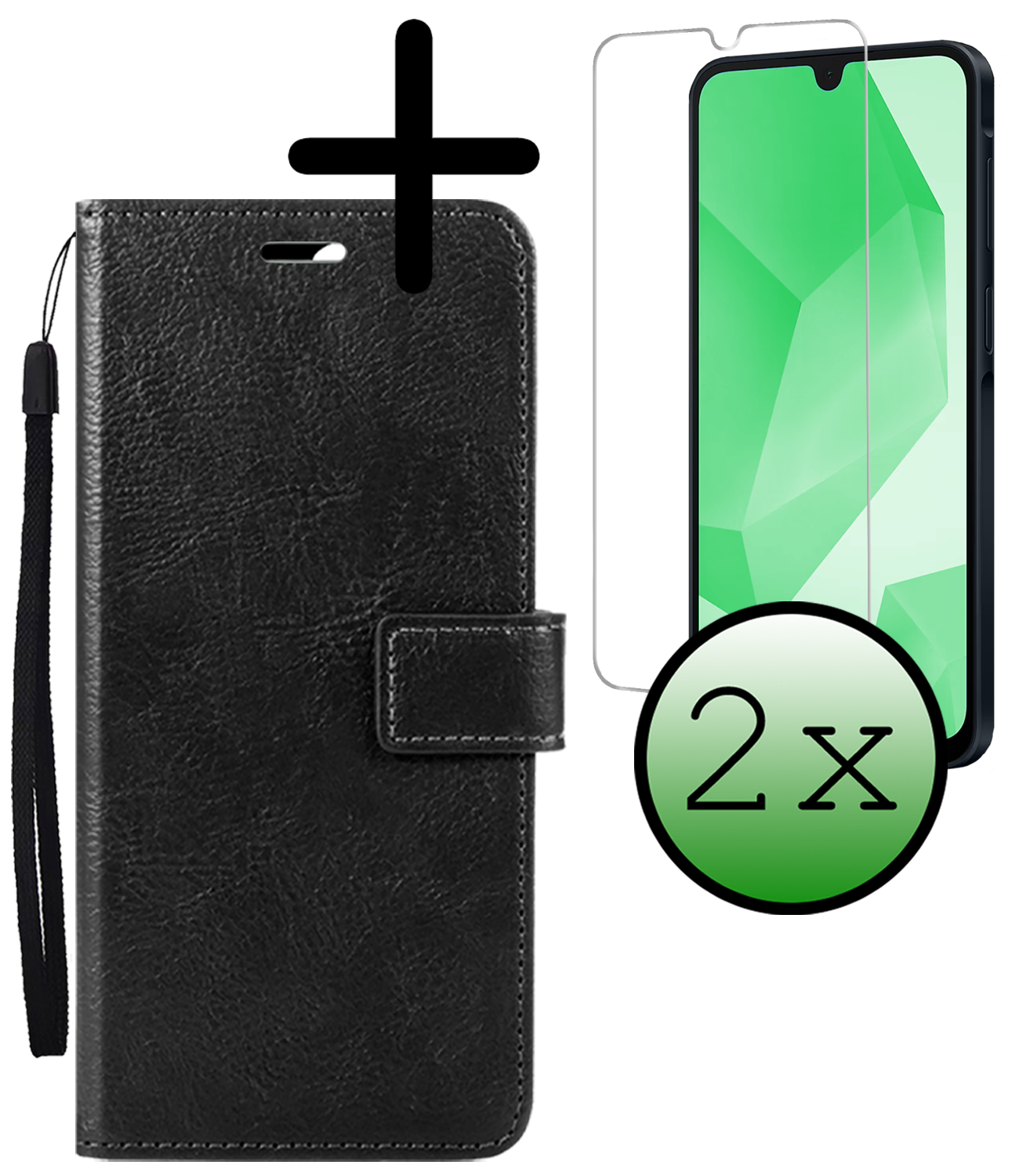 BASEY. Hoes Geschikt voor Samsung A16 Hoesje Bookcase Hoes Flip Case Book Cover Met 2x Screenprotector - Hoesje Geschikt voor Samsung Galaxy A16 Hoes Book Case Hoesje - Zwart