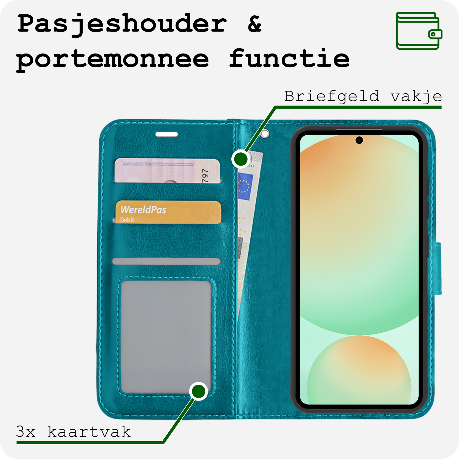 BASEY. Hoes Geschikt voor Samsung S24 FE Hoesje Bookcase Hoes Flip Case Book Cover Met 2x Screenprotector - Hoesje Geschikt voor Samsung Galaxy S24 FE Hoes Book Case Hoesje - Turquoise