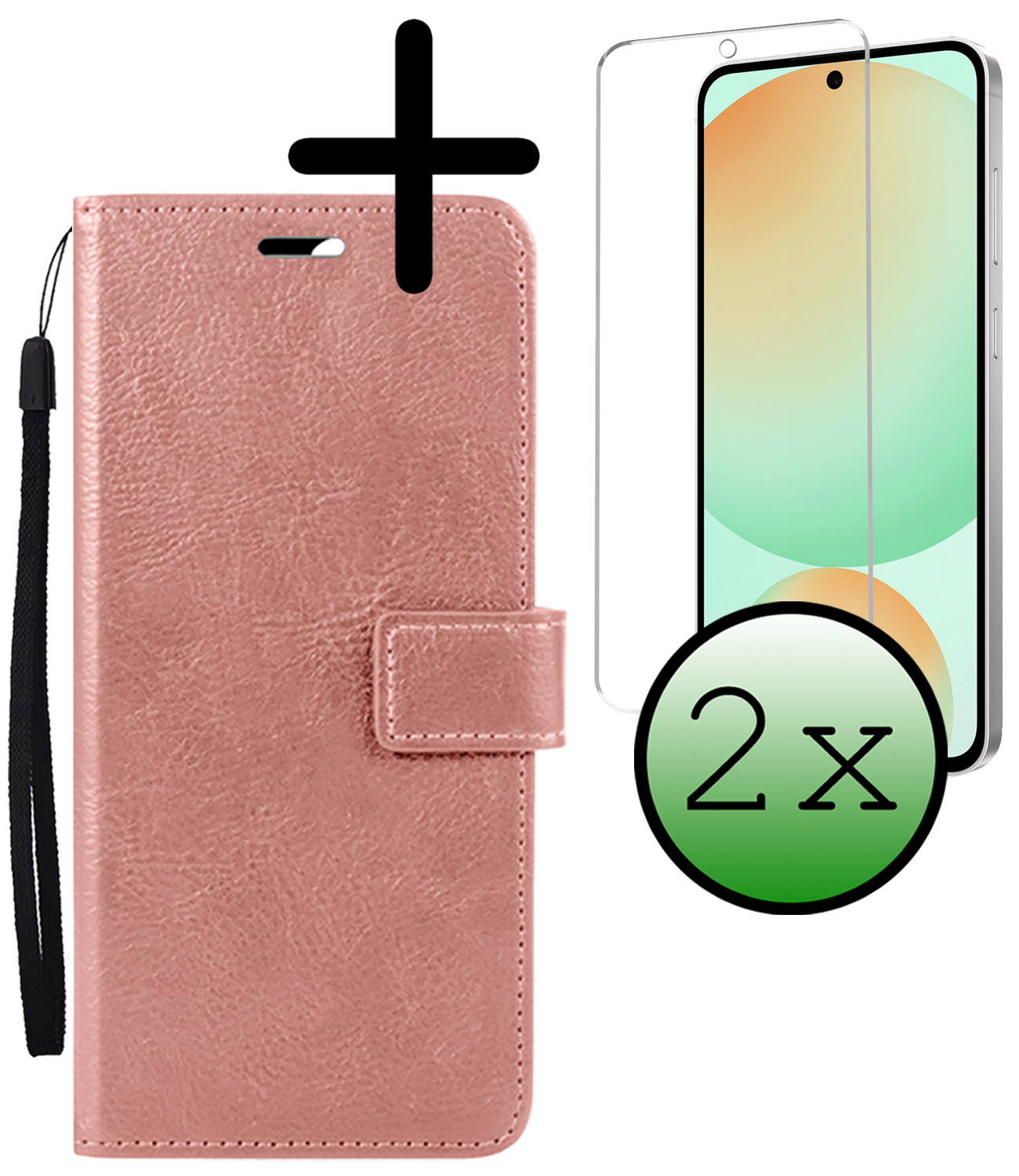 BASEY. Hoes Geschikt voor Samsung S24 FE Hoesje Bookcase Hoes Flip Case Book Cover Met 2x Screenprotector - Hoesje Geschikt voor Samsung Galaxy S24 FE Hoes Book Case Hoesje - Rosé goud