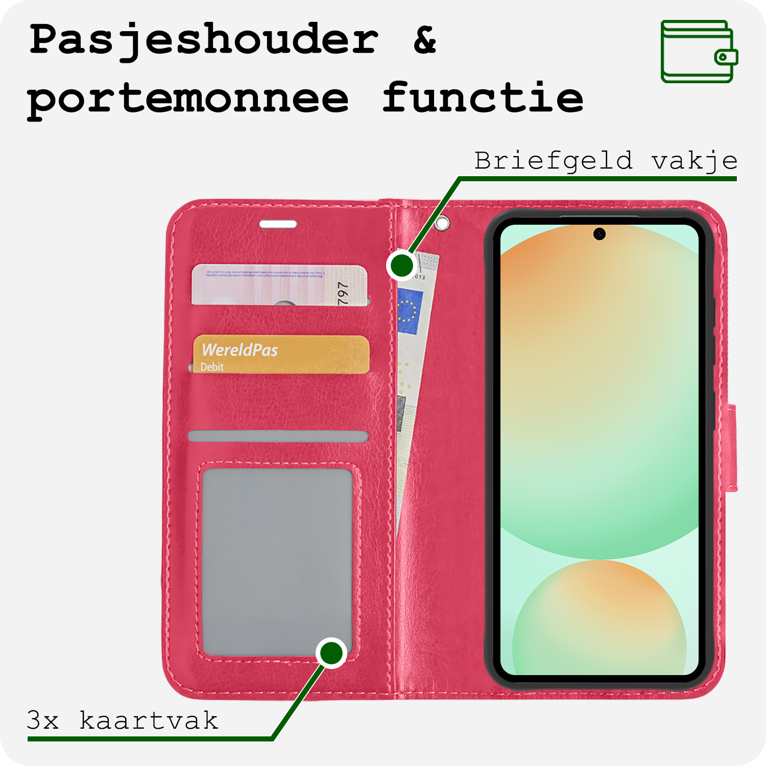 BASEY. Hoes Geschikt voor Samsung S24 FE Hoesje Bookcase Hoes Flip Case Book Cover Met 2x Screenprotector - Hoesje Geschikt voor Samsung Galaxy S24 FE Hoes Book Case Hoesje - Donkerroze