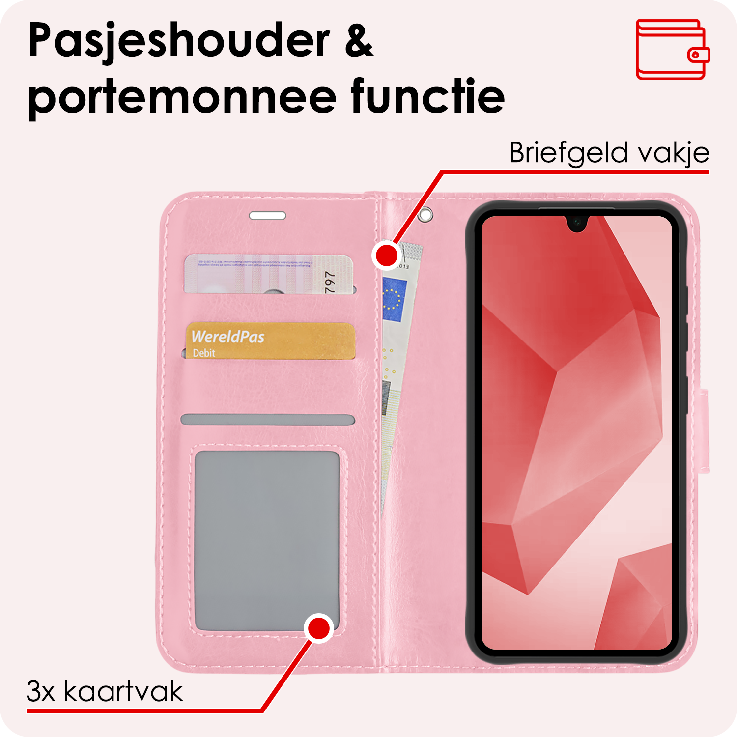 NoXx Hoes Geschikt voor Samsung A16 Hoesje Book Case Hoes Flip Cover Wallet Bookcase - Lichtroze