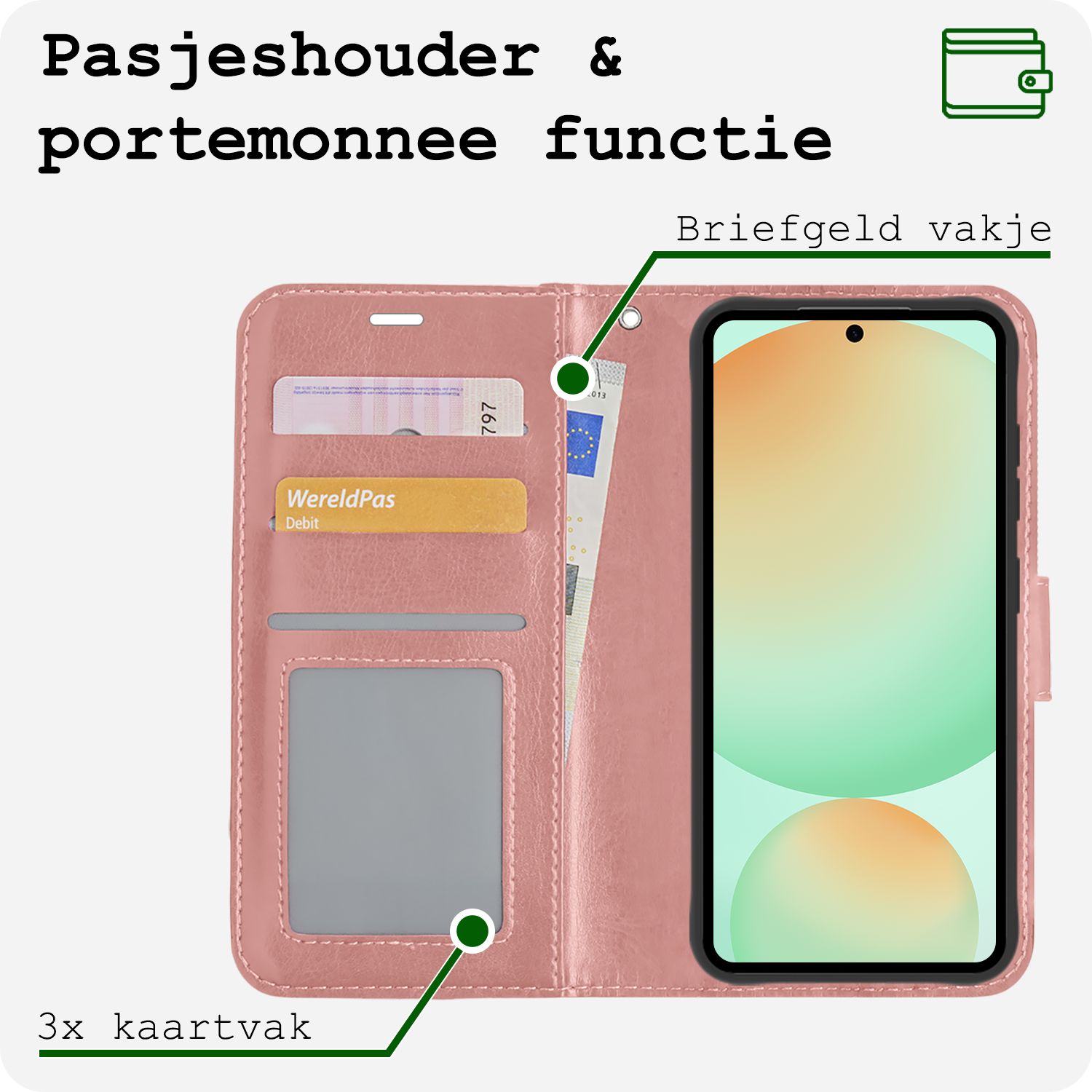 BASEY. Hoes Geschikt voor Samsung S24 FE Hoesje Bookcase Hoes Flip Case Book Cover Met Screenprotector - Hoesje Geschikt voor Samsung Galaxy S24 FE Hoes Book Case Hoesje - Rosé goud