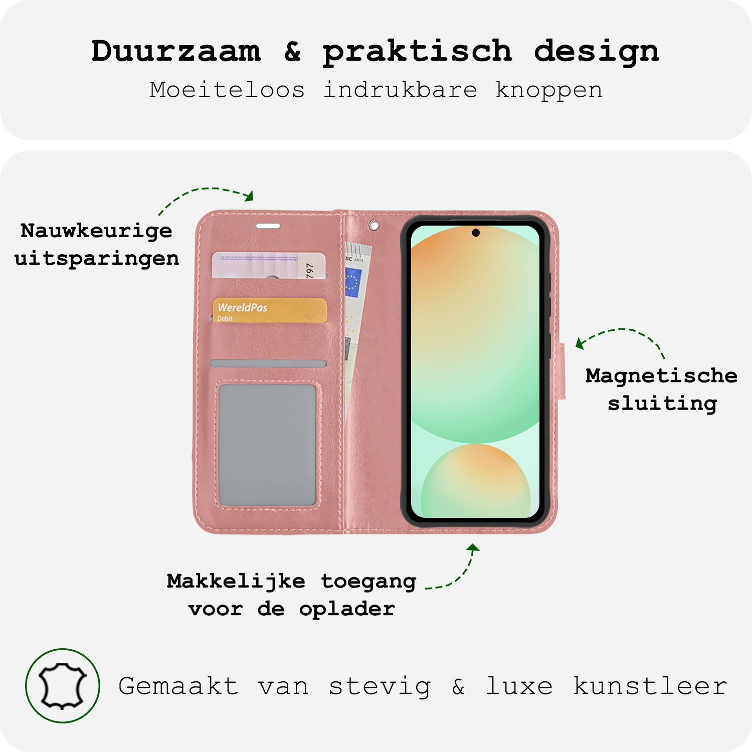 BASEY. Hoes Geschikt voor Samsung S24 FE Hoesje Bookcase Hoes Flip Case Book Cover Met Screenprotector - Hoesje Geschikt voor Samsung Galaxy S24 FE Hoes Book Case Hoesje - Rosé goud