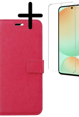 BASEY. Hoes Geschikt voor Samsung S24 FE Hoesje Bookcase Hoes Flip Case Book Cover Met Screenprotector - Hoesje Geschikt voor Samsung Galaxy S24 FE Hoes Book Case Hoesje - Donkerroze