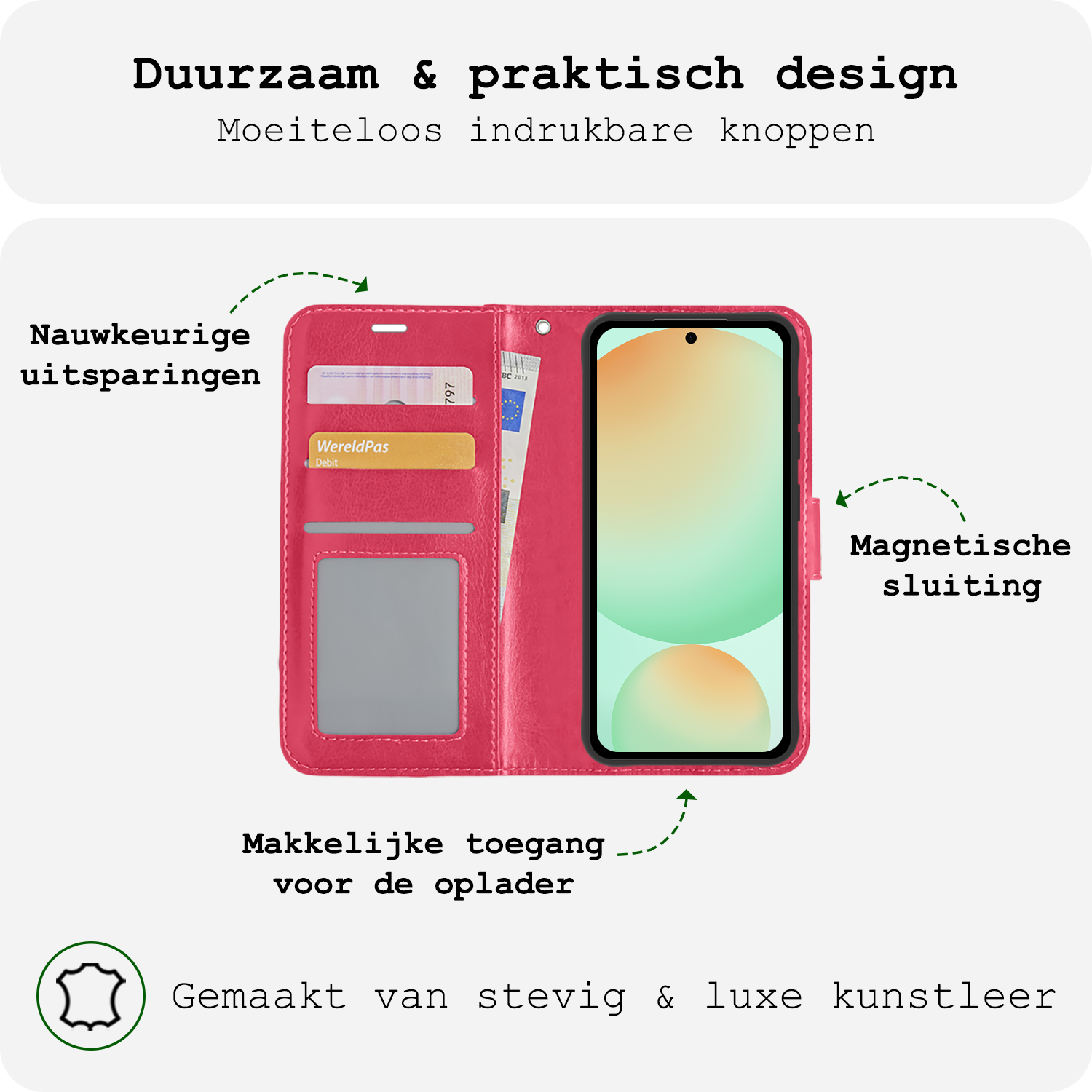 BASEY. Hoes Geschikt voor Samsung S24 FE Hoesje Bookcase Hoes Flip Case Book Cover Met Screenprotector - Hoesje Geschikt voor Samsung Galaxy S24 FE Hoes Book Case Hoesje - Donkerroze