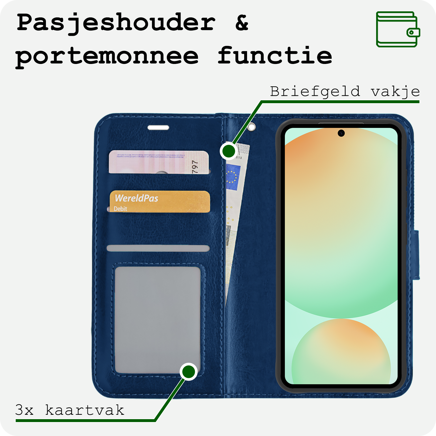 BASEY. Hoes Geschikt voor Samsung S24 FE Hoesje Bookcase Hoes Flip Case Book Cover - Hoesje Geschikt voor Samsung Galaxy S24 FE Hoes Book Case Hoesje - Donkerblauw