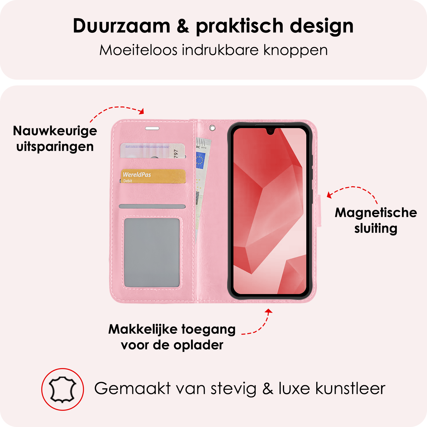 NoXx Hoes Geschikt voor Samsung A16 Hoesje Book Case Hoes Flip Cover Wallet Bookcase Met Screenprotector - Lichtroze