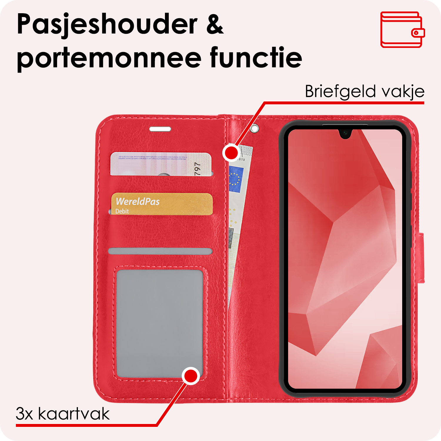 NoXx Hoes Geschikt voor Samsung A16 Hoesje Book Case Hoes Flip Cover Wallet Bookcase Met Screenprotector - Rood