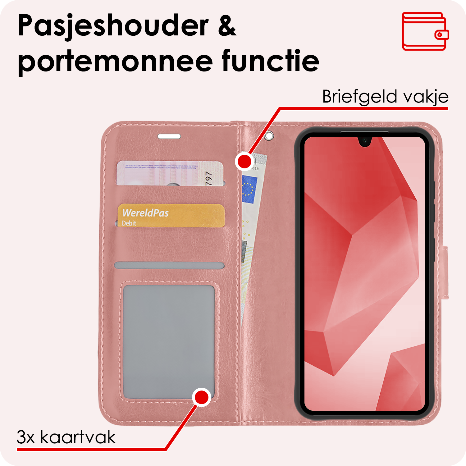 NoXx Hoes Geschikt voor Samsung A16 Hoesje Book Case Hoes Flip Cover Wallet Bookcase Met Screenprotector - Rosé goud