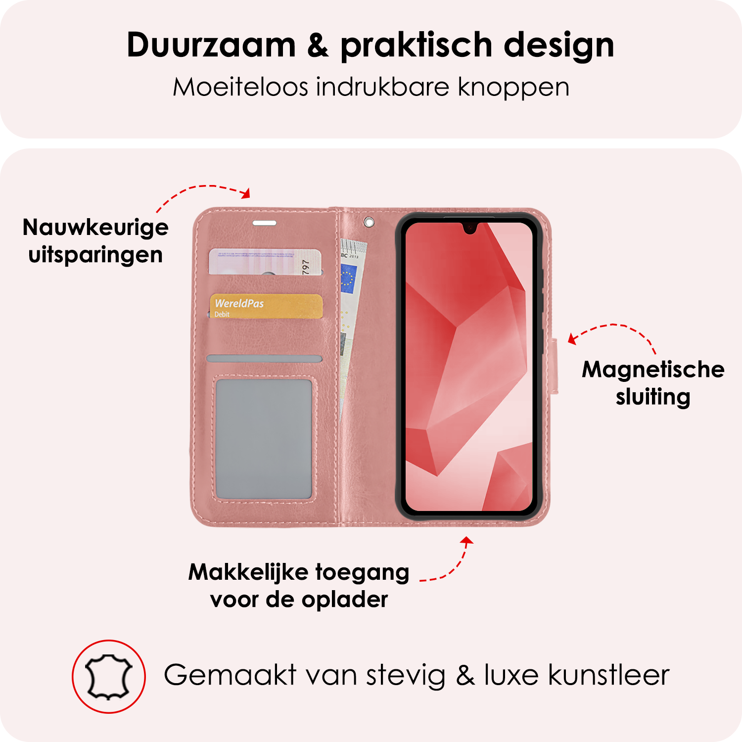NoXx Hoes Geschikt voor Samsung A16 Hoesje Book Case Hoes Flip Cover Wallet Bookcase Met Screenprotector - Rosé goud