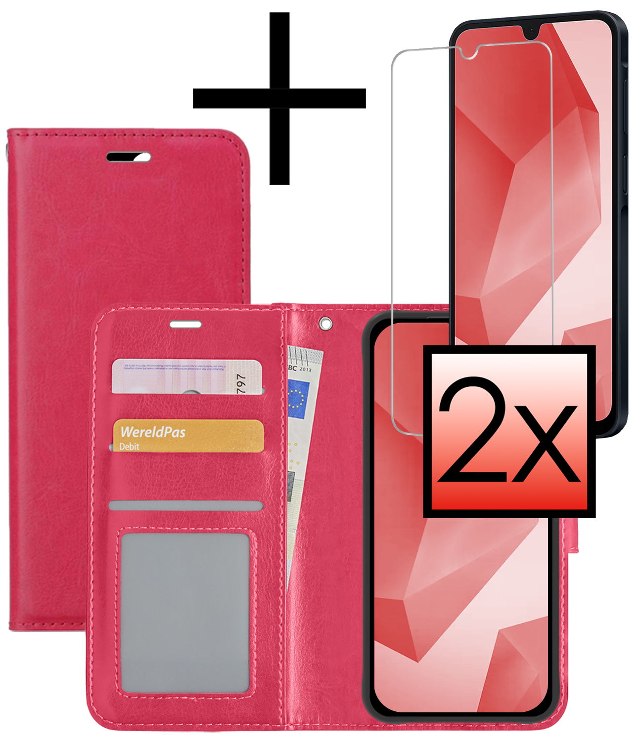 NoXx Hoes Geschikt voor Samsung A16 Hoesje Book Case Hoes Flip Cover Wallet Bookcase Met 2x Screenprotector - Donkerroze