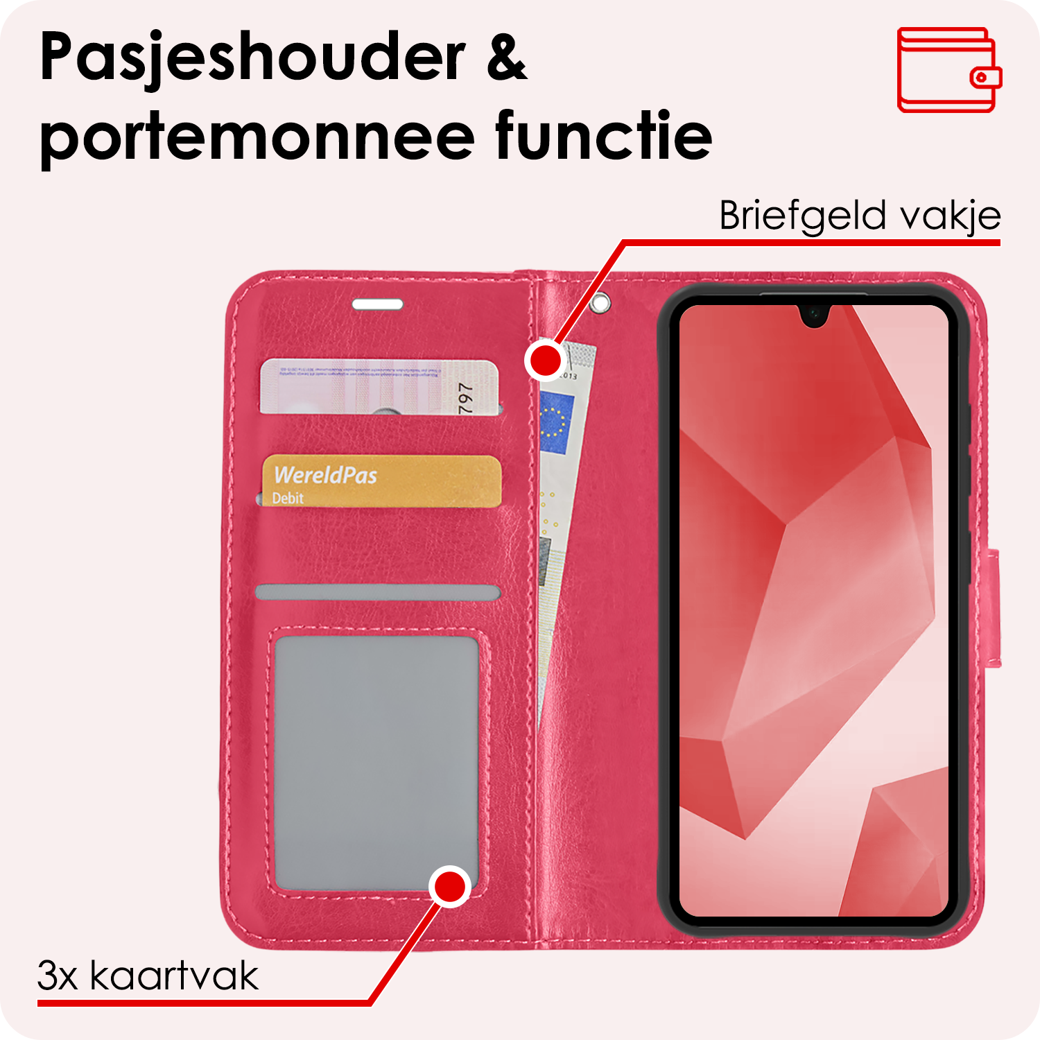 NoXx Hoes Geschikt voor Samsung A16 Hoesje Book Case Hoes Flip Cover Wallet Bookcase Met 2x Screenprotector - Donkerroze