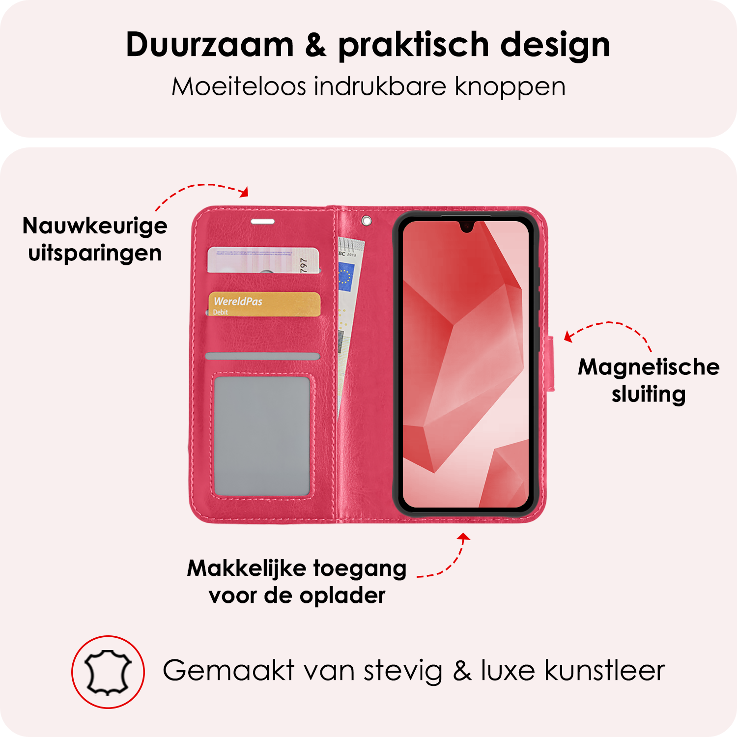 NoXx Hoes Geschikt voor Samsung A16 Hoesje Book Case Hoes Flip Cover Wallet Bookcase Met 2x Screenprotector - Donkerroze