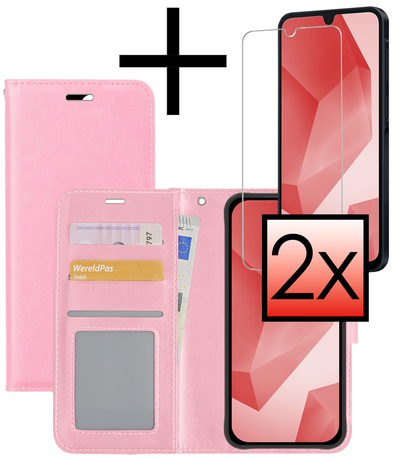 NoXx Hoes Geschikt voor Samsung A16 Hoesje Book Case Hoes Flip Cover Wallet Bookcase Met 2x Screenprotector - Lichtroze