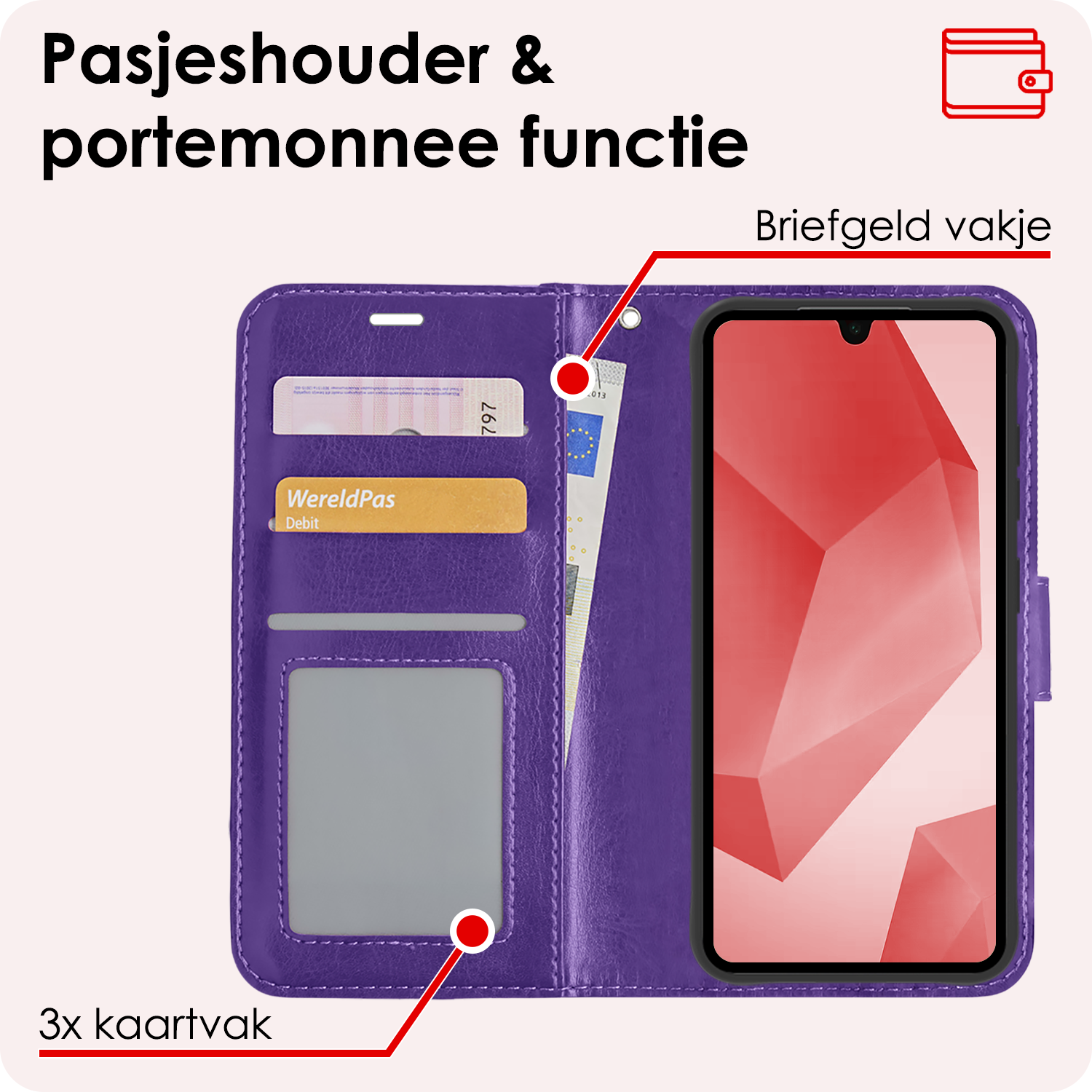 NoXx Hoes Geschikt voor Samsung A16 Hoesje Book Case Hoes Flip Cover Wallet Bookcase Met 2x Screenprotector - Paars