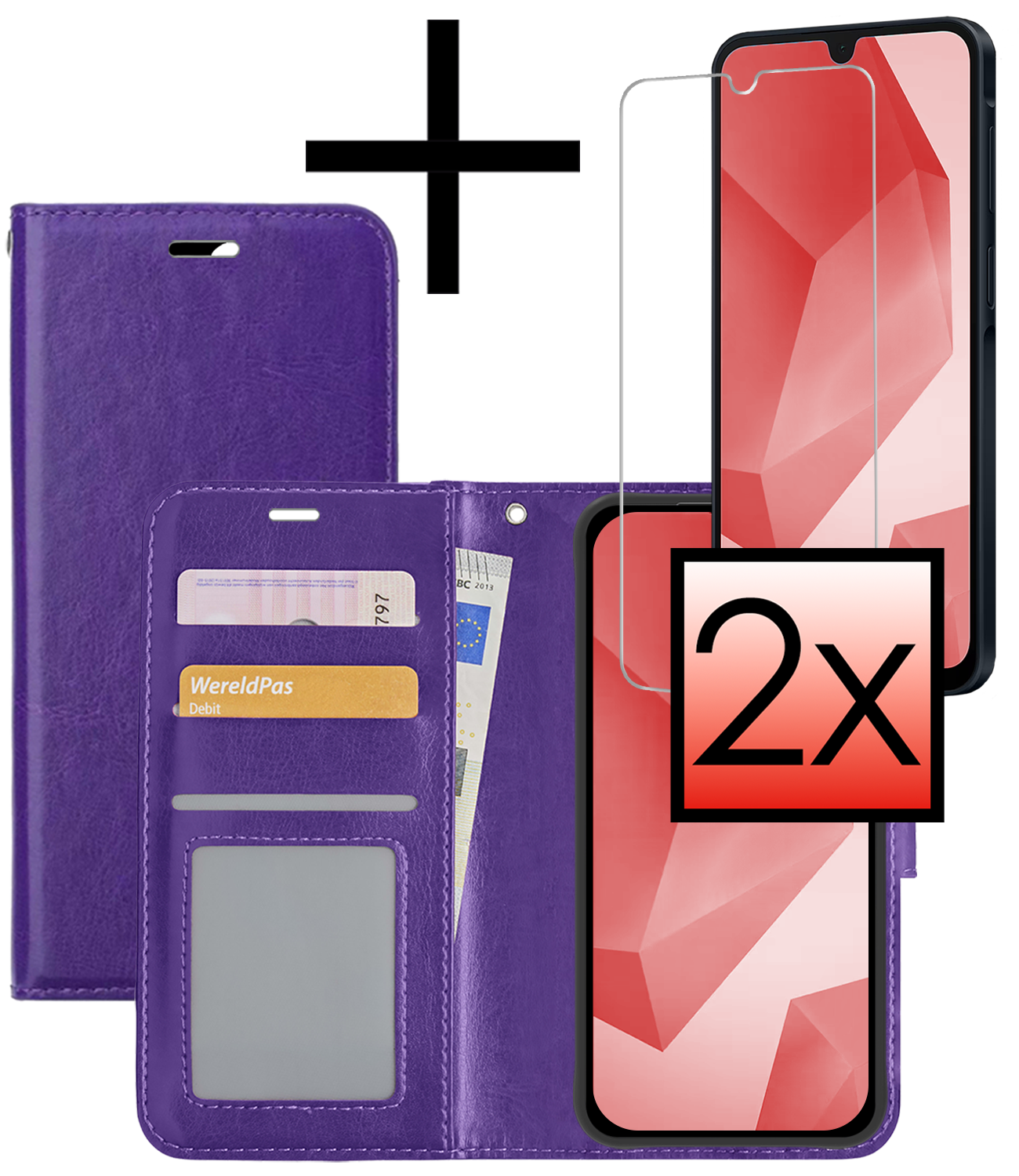 NoXx Hoes Geschikt voor Samsung A16 Hoesje Book Case Hoes Flip Cover Wallet Bookcase Met 2x Screenprotector - Paars