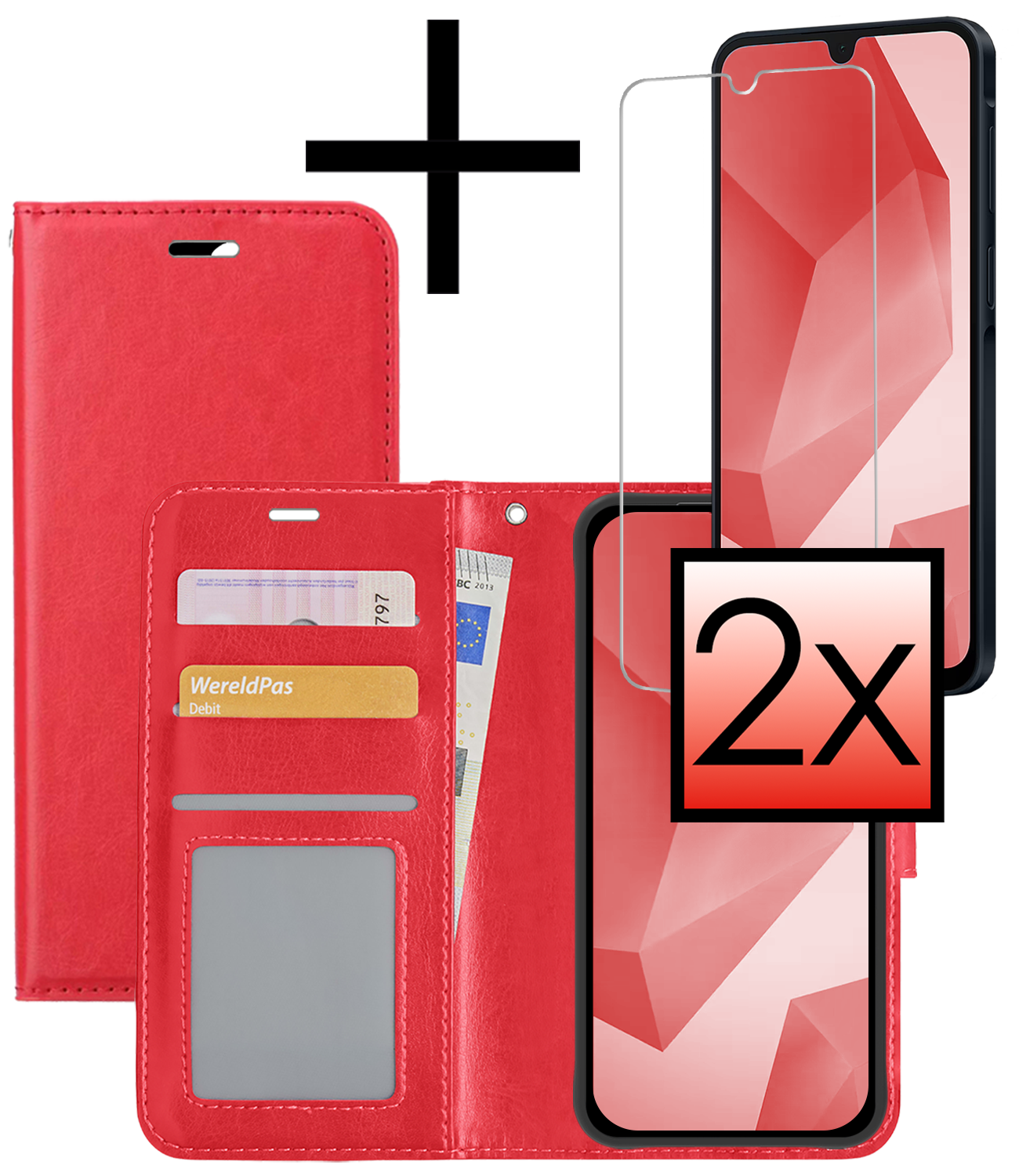 NoXx Hoes Geschikt voor Samsung A16 Hoesje Book Case Hoes Flip Cover Wallet Bookcase Met 2x Screenprotector - Rood