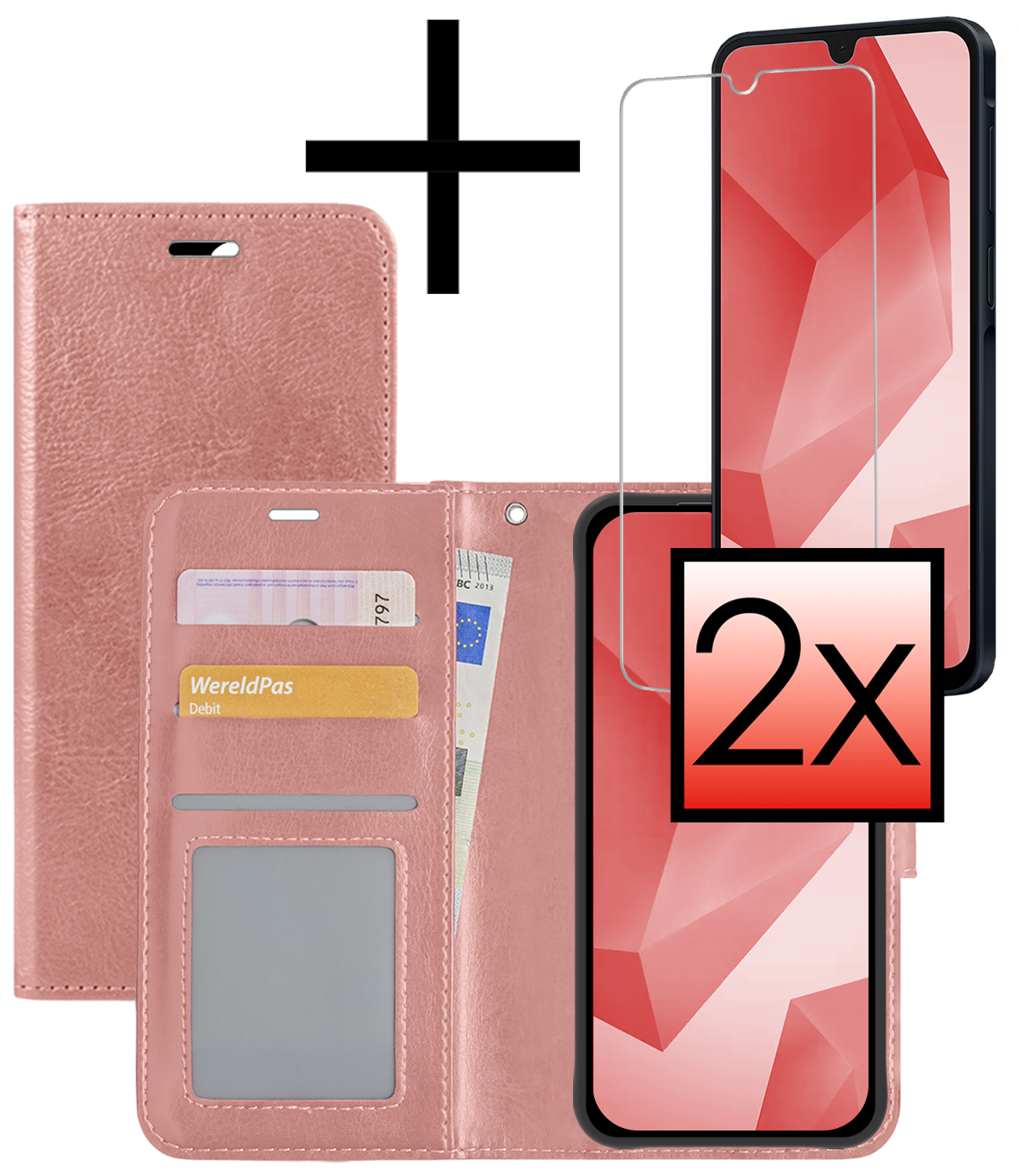 NoXx Hoes Geschikt voor Samsung A16 Hoesje Book Case Hoes Flip Cover Wallet Bookcase Met 2x Screenprotector - Rosé goud