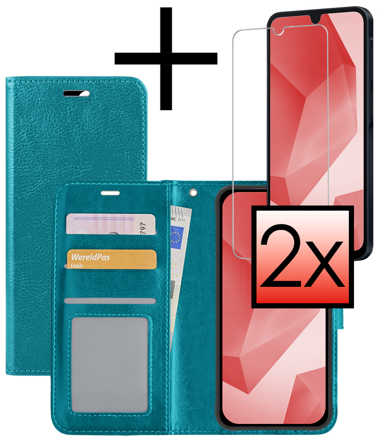 NoXx Hoes Geschikt voor Samsung A16 Hoesje Book Case Hoes Flip Cover Wallet Bookcase Met 2x Screenprotector - Turquoise