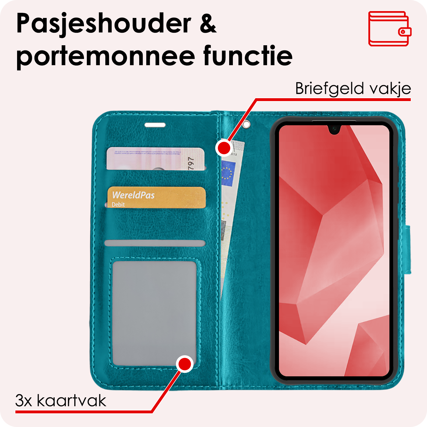 NoXx Hoes Geschikt voor Samsung A16 Hoesje Book Case Hoes Flip Cover Wallet Bookcase Met 2x Screenprotector - Turquoise
