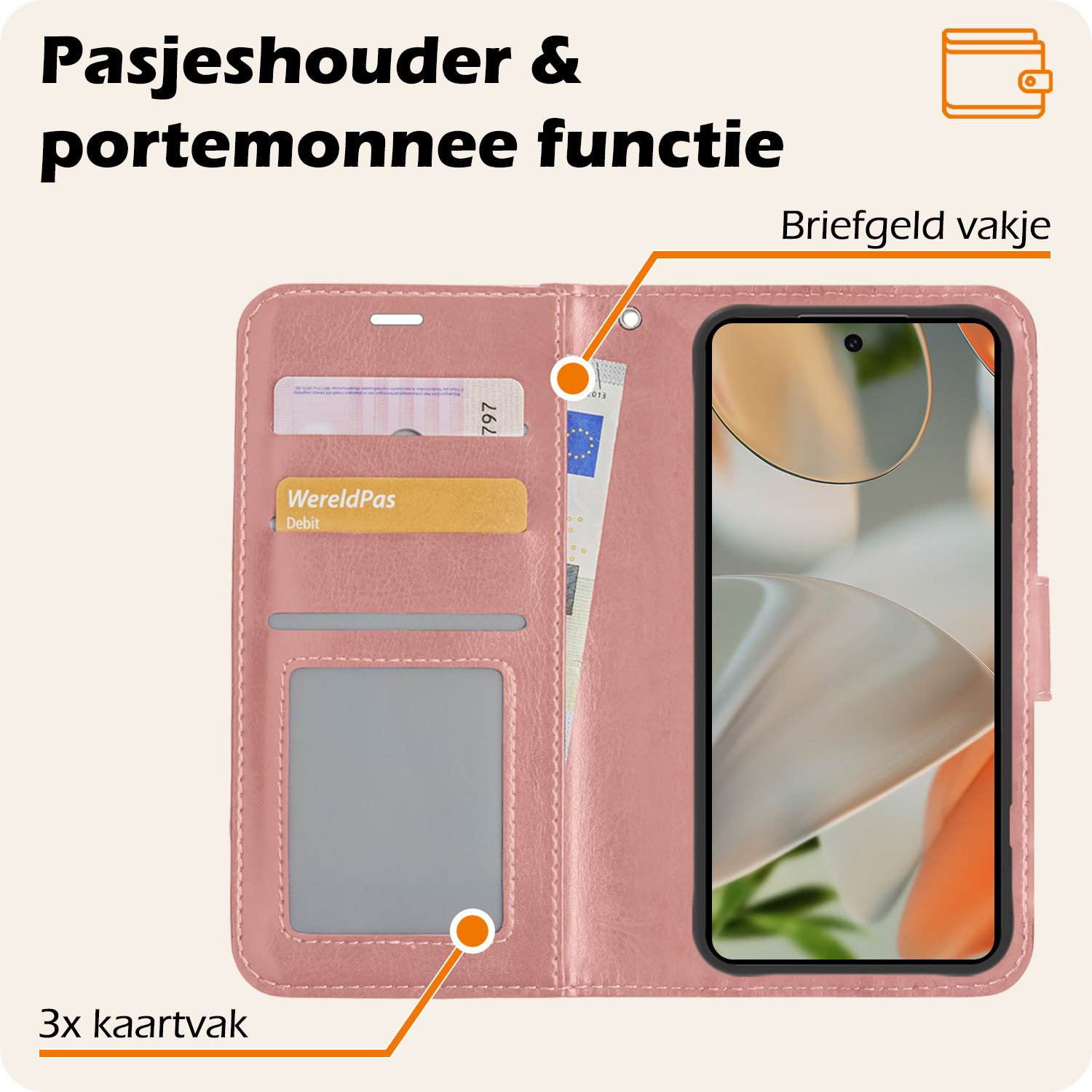 Nomfy Hoesje Geschikt voor Google Pixel 9 Hoesje Book Case Hoes Portemonnee Cover Walletcase Met 2x Screenprotector - Hoes Geschikt voor Google Pixel 9 Hoes Bookcase Hoesje - Rosé goud