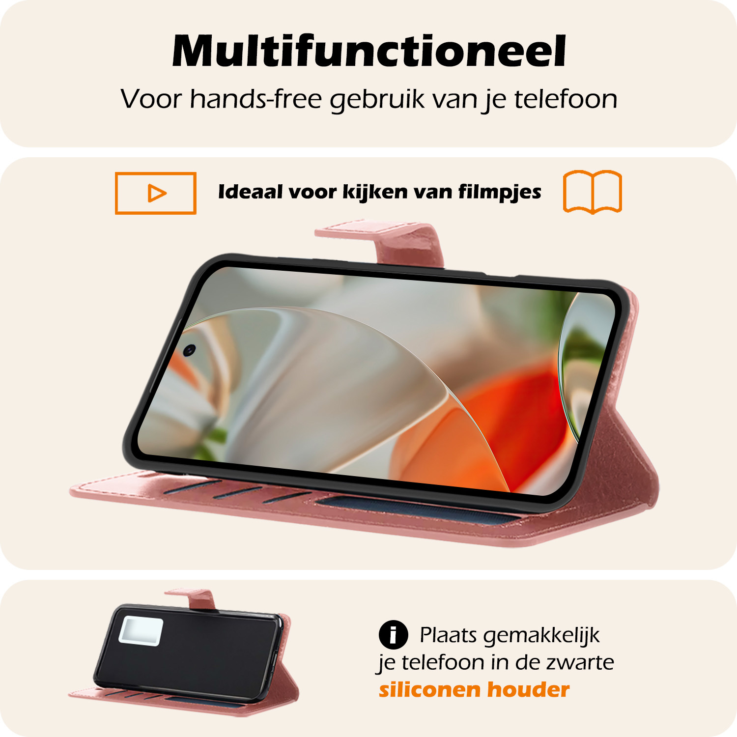 Nomfy Hoesje Geschikt voor Google Pixel 9 Hoesje Book Case Hoes Portemonnee Cover Walletcase Met 2x Screenprotector - Hoes Geschikt voor Google Pixel 9 Hoes Bookcase Hoesje - Rosé goud