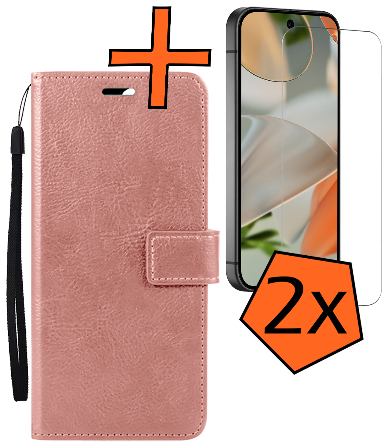 Nomfy Hoesje Geschikt voor Google Pixel 9 Hoesje Book Case Hoes Portemonnee Cover Walletcase Met 2x Screenprotector - Hoes Geschikt voor Google Pixel 9 Hoes Bookcase Hoesje - Rosé goud