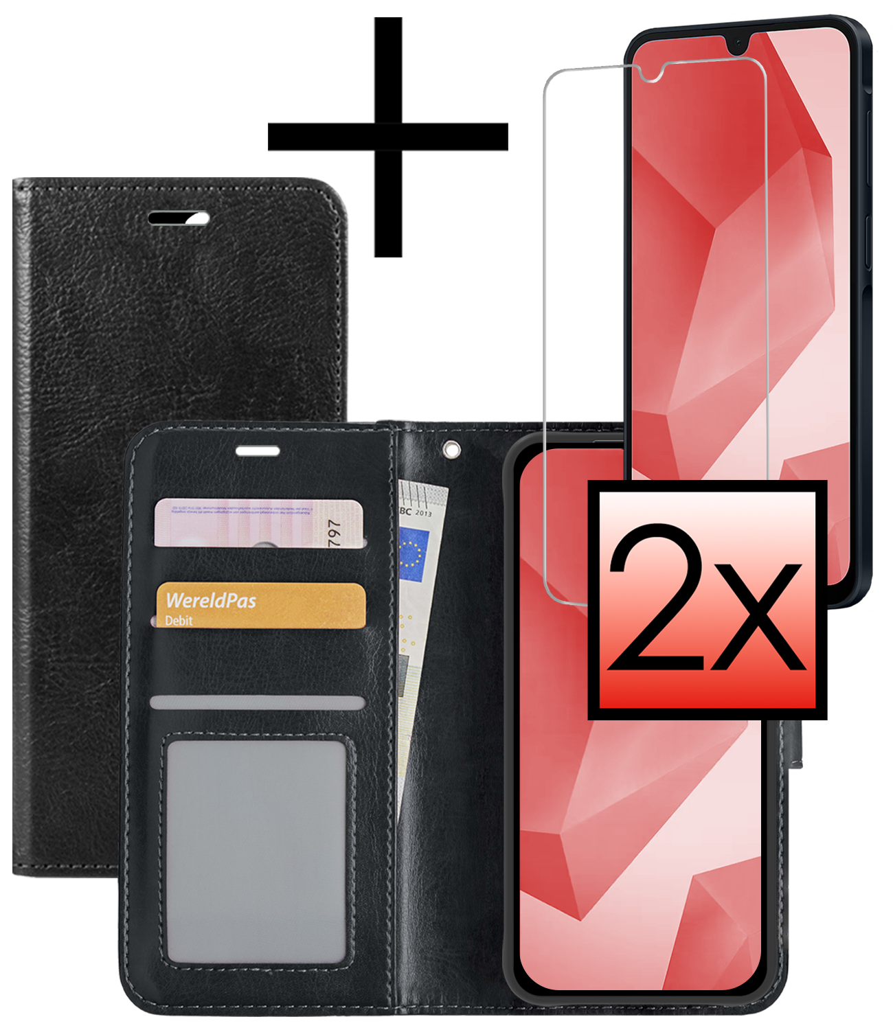 NoXx Hoes Geschikt voor Samsung A16 Hoesje Book Case Hoes Flip Cover Wallet Bookcase Met 2x Screenprotector - Zwart