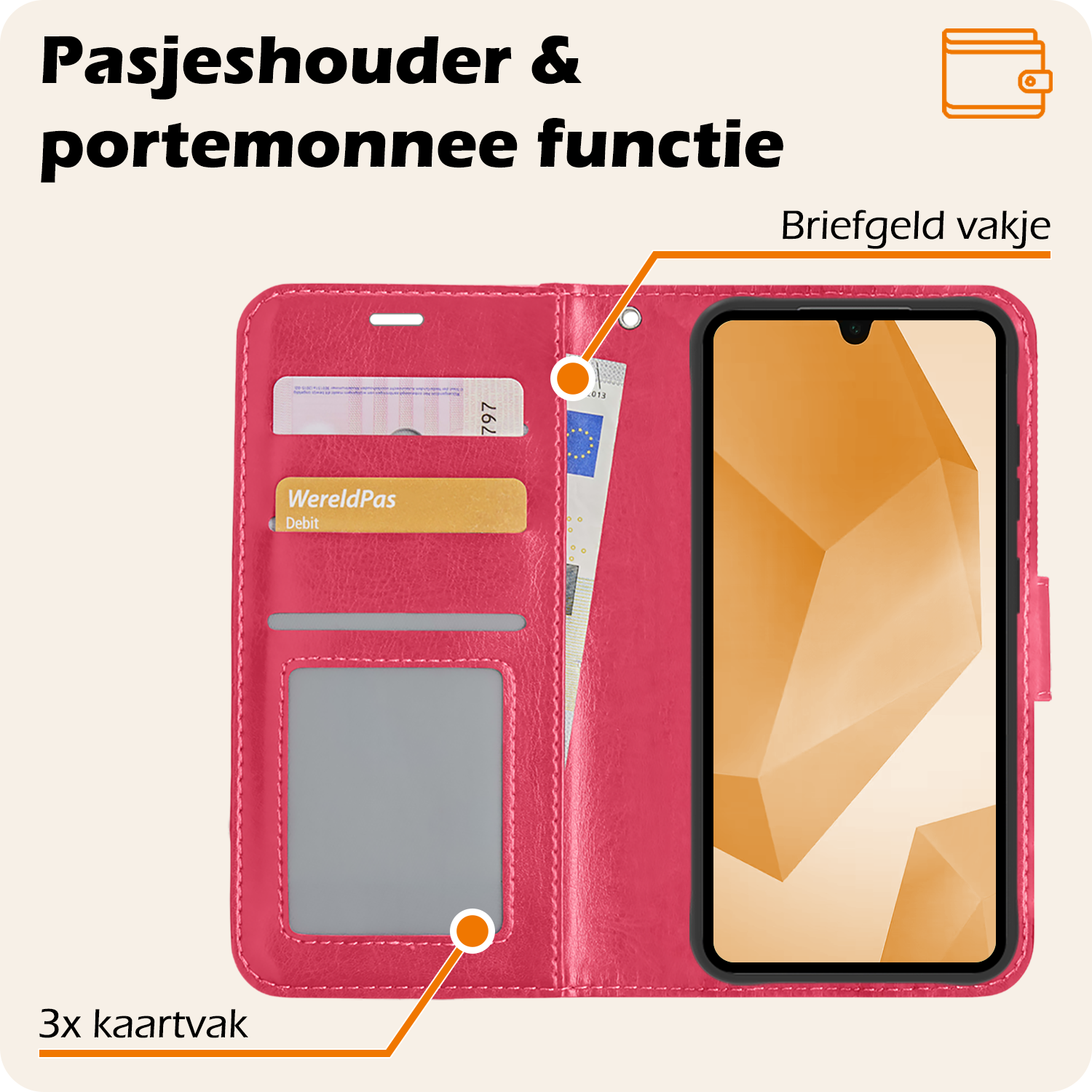 Nomfy Hoesje Geschikt voor Samsung A16 Hoes Bookcase Flipcase Book Cover - Hoes Geschikt voor Samsung Galaxy A16 Hoesje Book Case - Donkerroze
