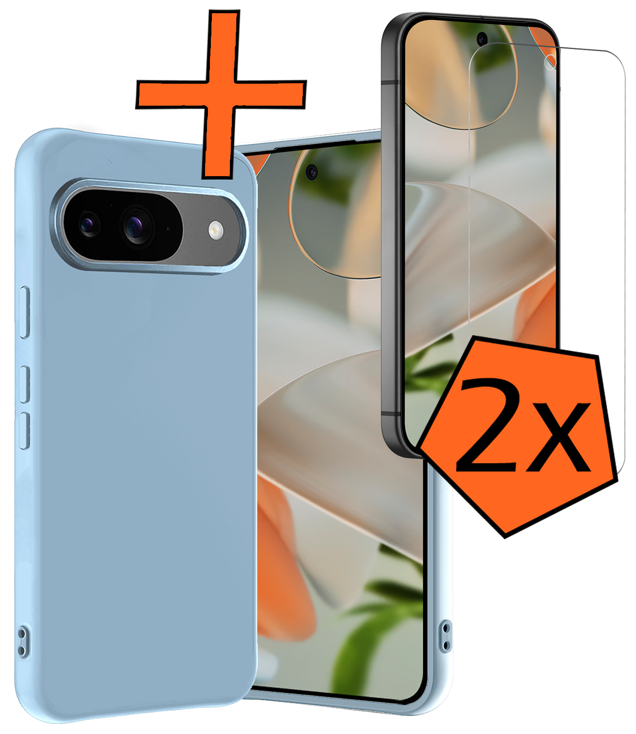 Nomfy Hoesje Geschikt voor Google Pixel 9 Hoesje Siliconen Case Hoes Met 2x Screenprotector - Hoes Geschikt voor Google Pixel 9 Hoes Cover Case - Lichtblauw