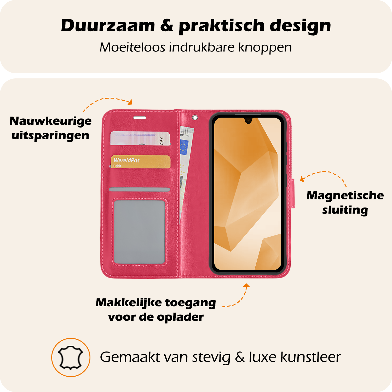 Nomfy Hoesje Geschikt voor Samsung A16 Hoes Bookcase Flipcase Book Cover Met Screenprotector - Hoes Geschikt voor Samsung Galaxy A16 Hoesje Book Case - Donkerroze