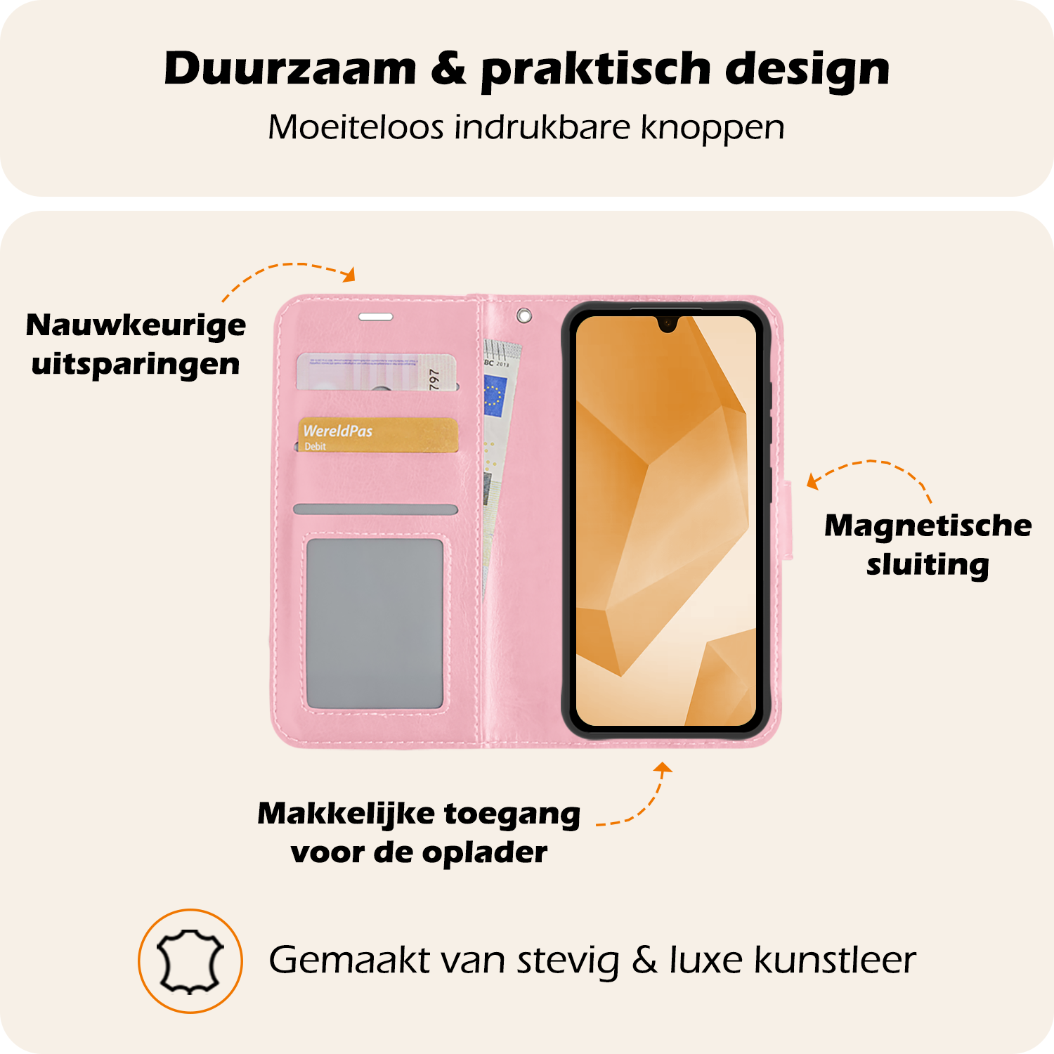 Nomfy Hoesje Geschikt voor Samsung A16 Hoes Bookcase Flipcase Book Cover Met Screenprotector - Hoes Geschikt voor Samsung Galaxy A16 Hoesje Book Case - Lichtroze