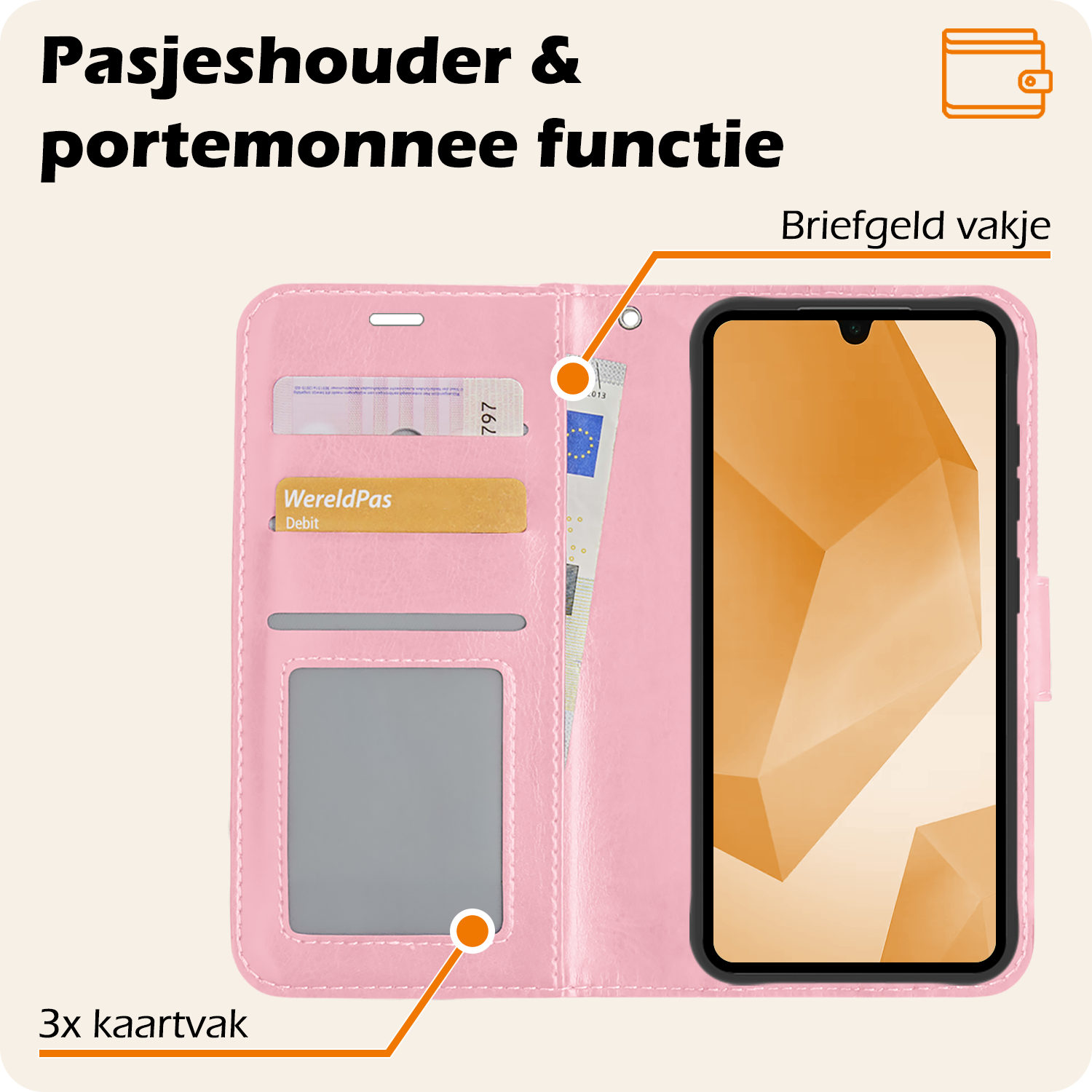 Nomfy Hoesje Geschikt voor Samsung A16 Hoes Bookcase Flipcase Book Cover Met Screenprotector - Hoes Geschikt voor Samsung Galaxy A16 Hoesje Book Case - Lichtroze