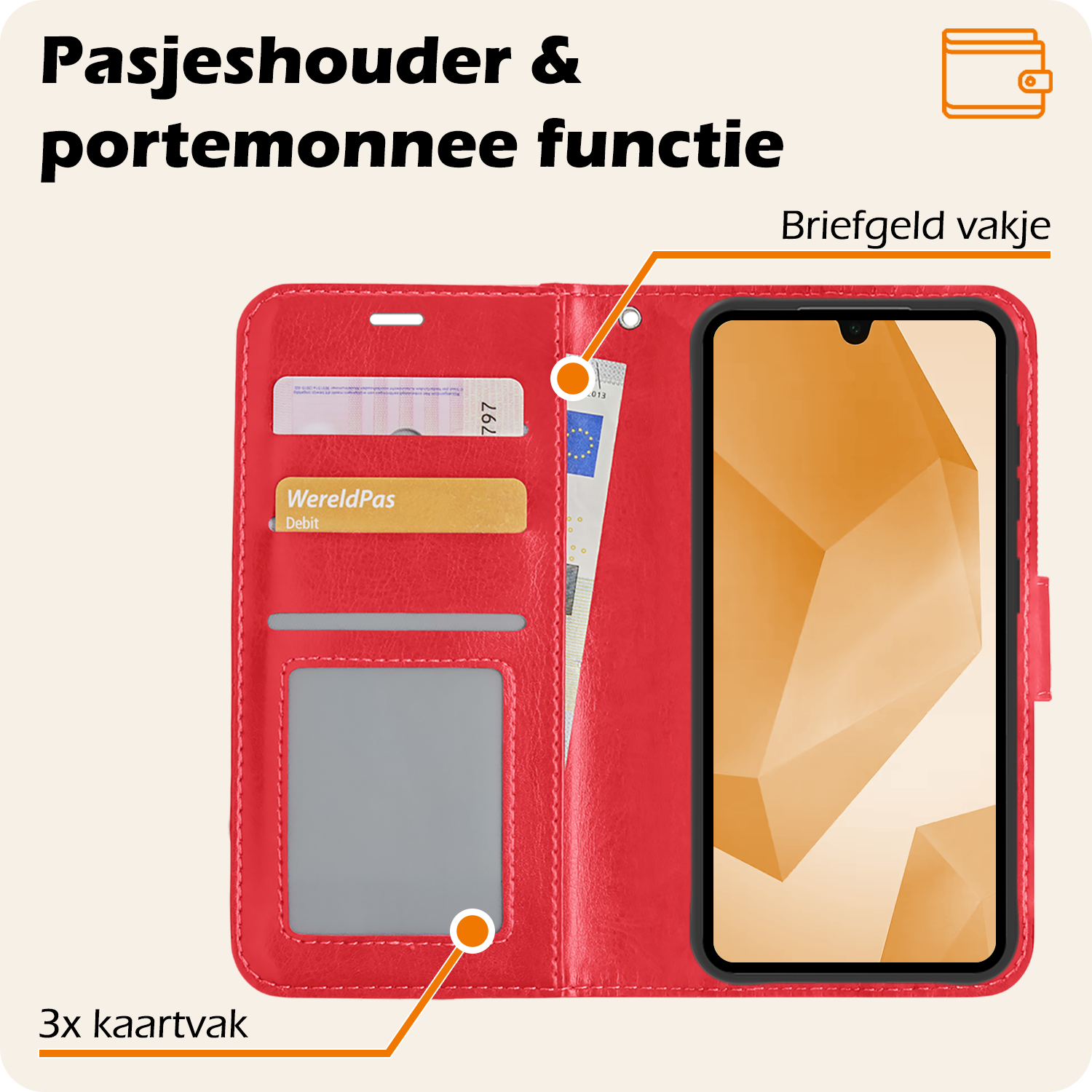 Nomfy Hoesje Geschikt voor Samsung A16 Hoes Bookcase Flipcase Book Cover Met Screenprotector - Hoes Geschikt voor Samsung Galaxy A16 Hoesje Book Case - Rood