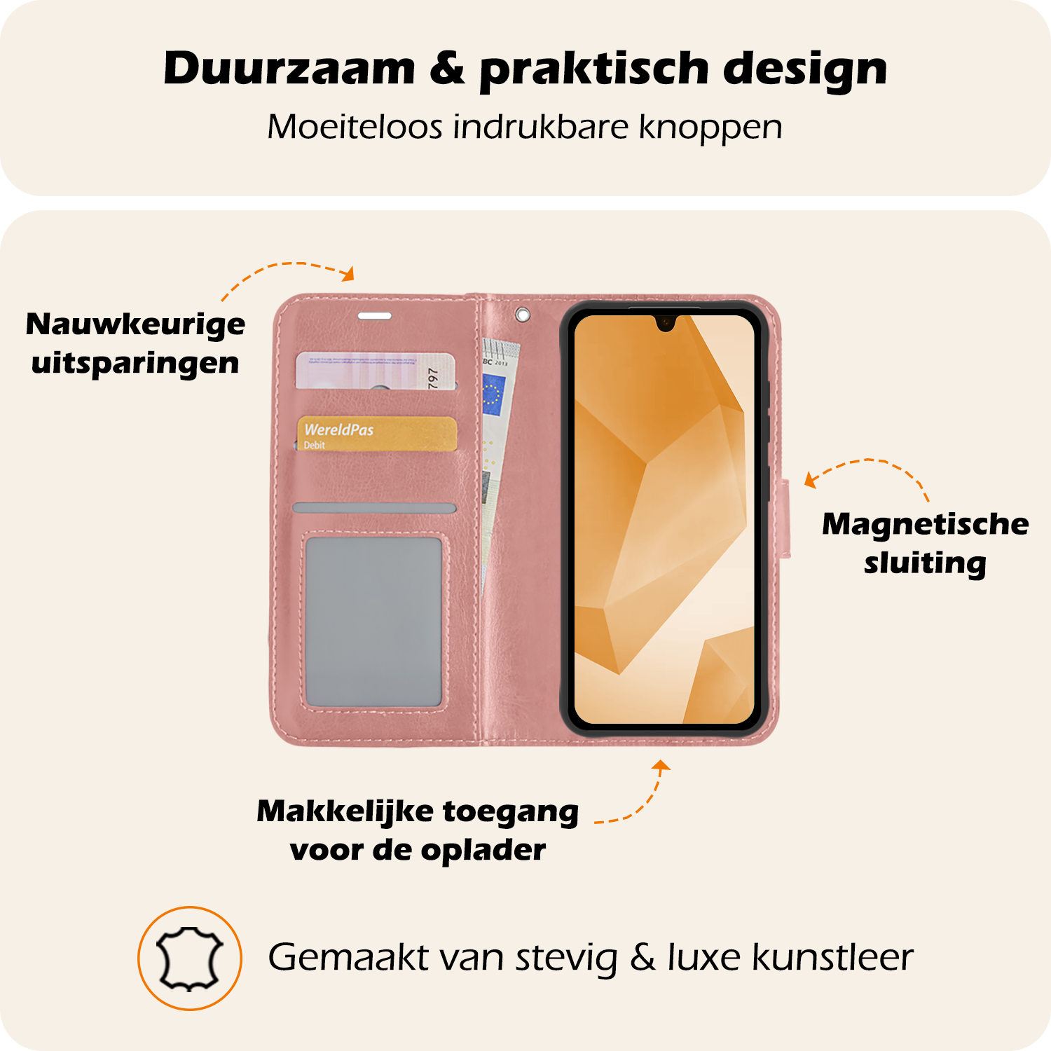 Nomfy Hoesje Geschikt voor Samsung A16 Hoes Bookcase Flipcase Book Cover Met Screenprotector - Hoes Geschikt voor Samsung Galaxy A16 Hoesje Book Case - Rosé goud