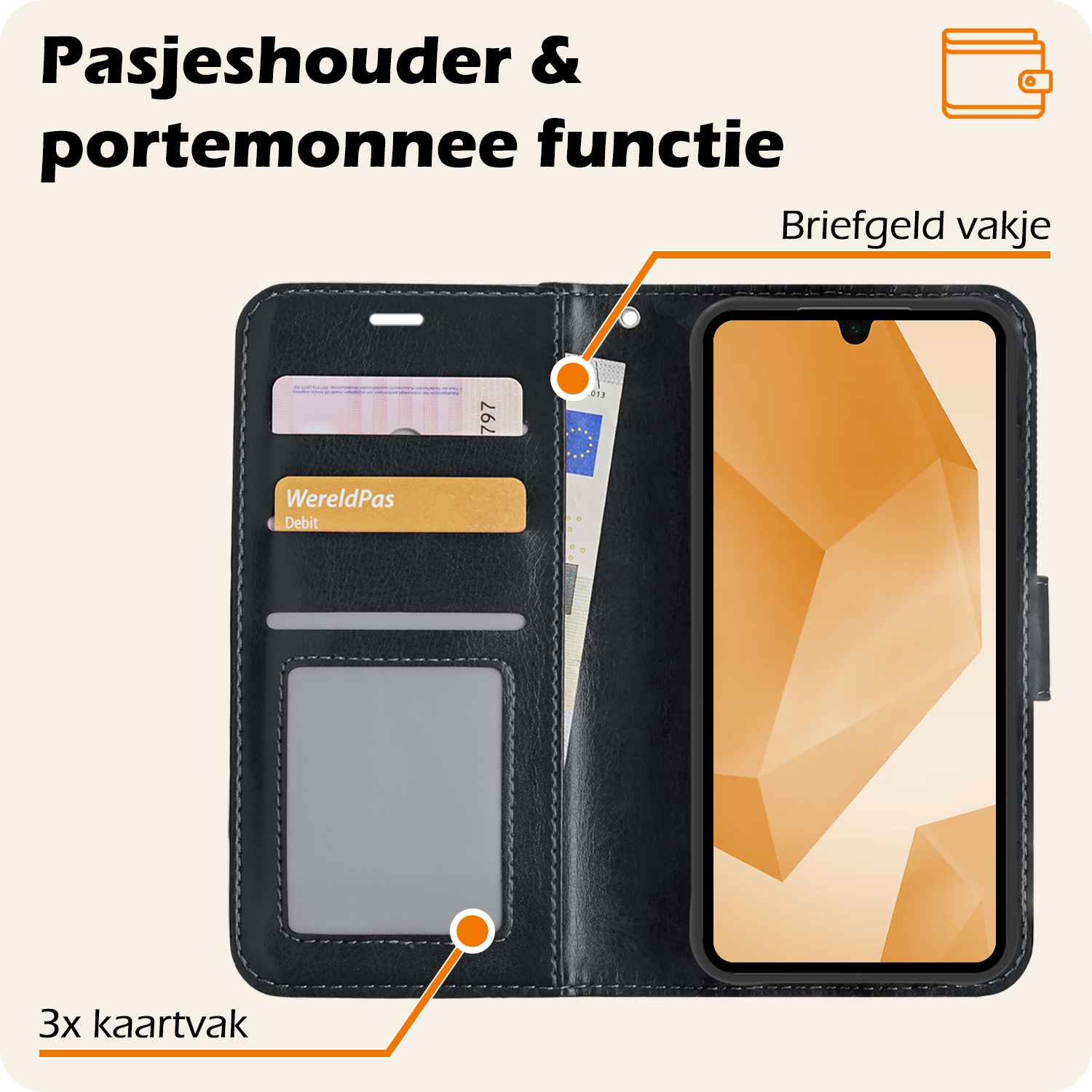 Nomfy Hoesje Geschikt voor Samsung A16 Hoes Bookcase Flipcase Book Cover Met Screenprotector - Hoes Geschikt voor Samsung Galaxy A16 Hoesje Book Case - Zwart