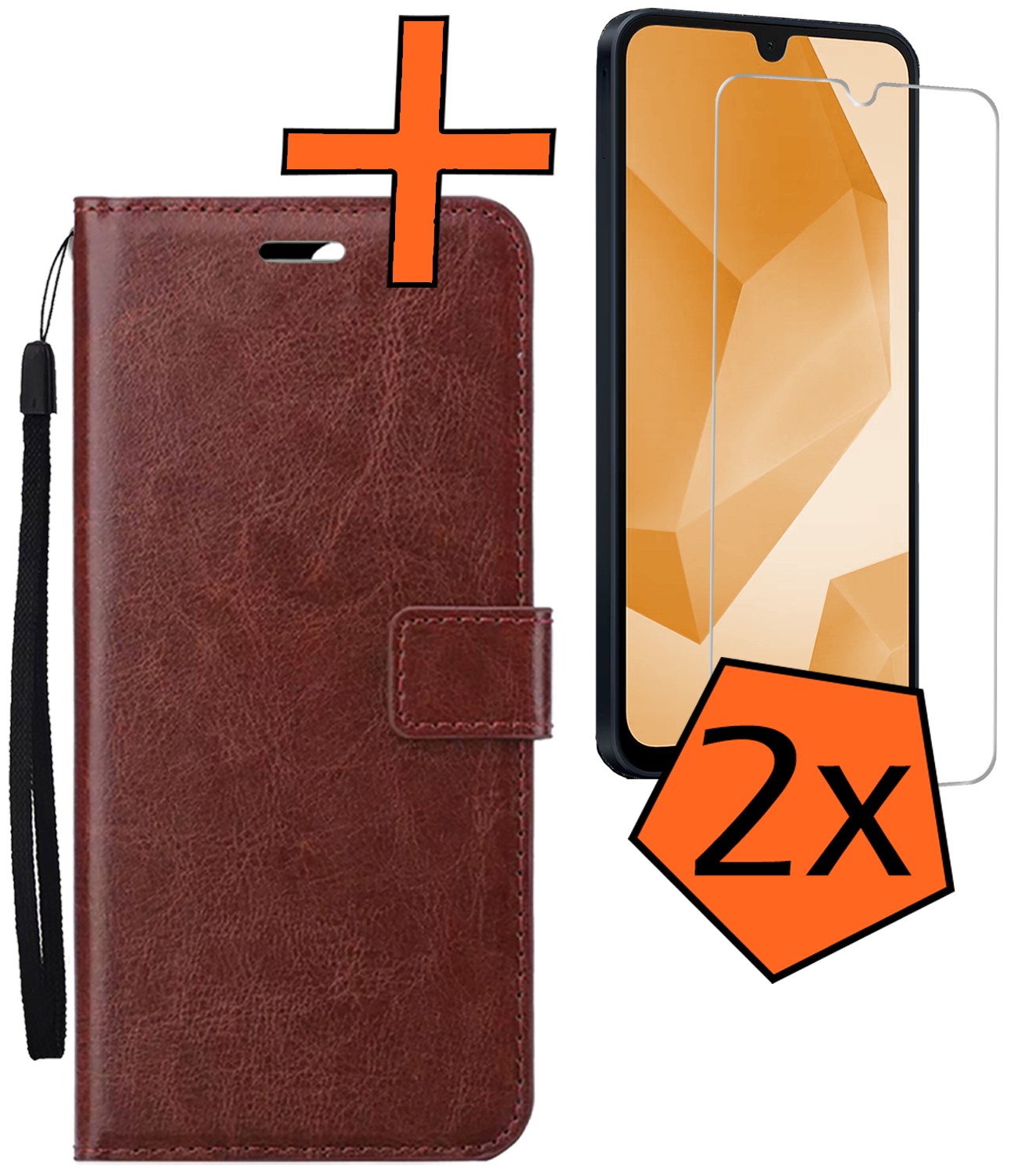 Nomfy Hoesje Geschikt voor Samsung A16 Hoes Bookcase Flipcase Book Cover Met 2x Screenprotector - Hoes Geschikt voor Samsung Galaxy A16 Hoesje Book Case - Bruin