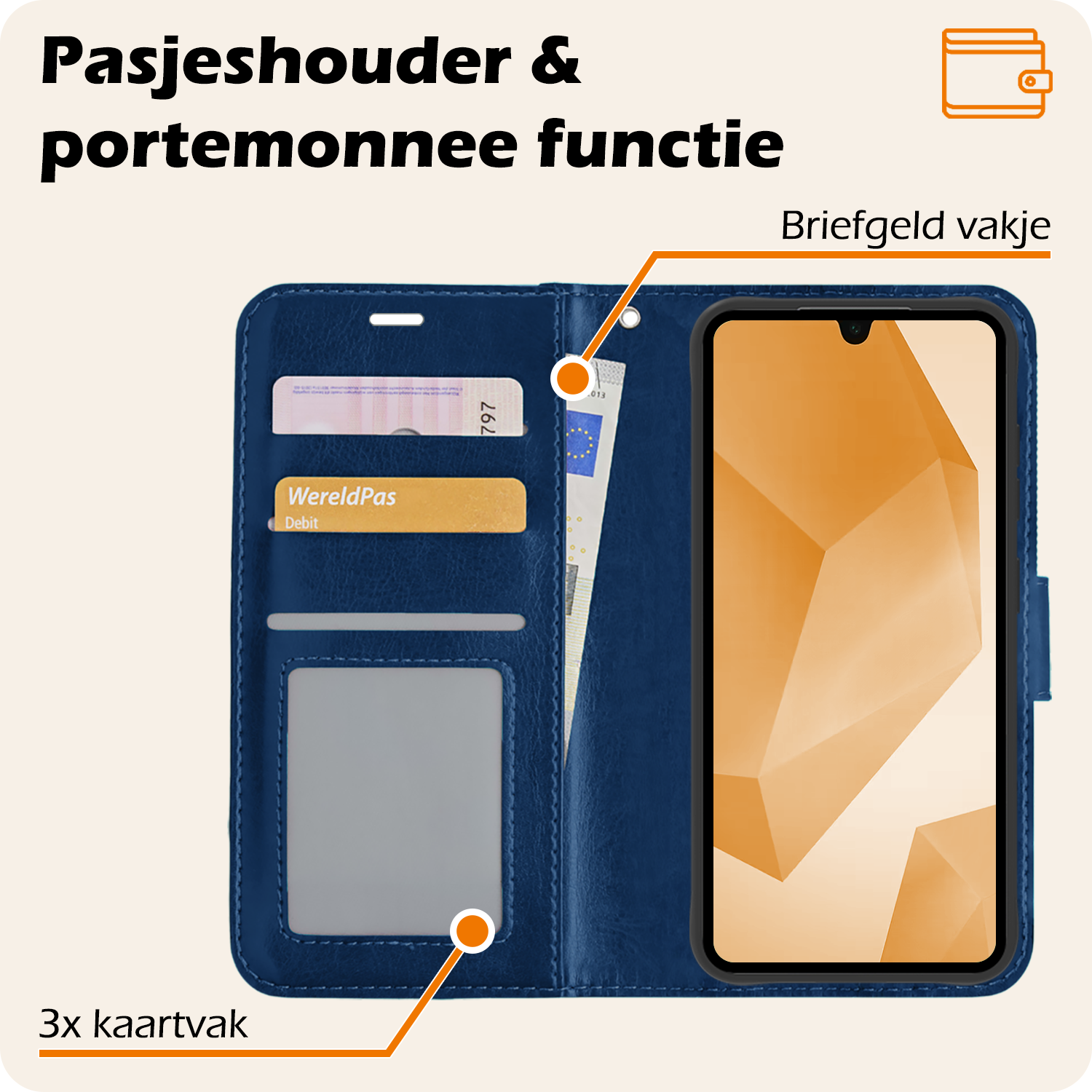 Nomfy Hoesje Geschikt voor Samsung A16 Hoes Bookcase Flipcase Book Cover Met 2x Screenprotector - Hoes Geschikt voor Samsung Galaxy A16 Hoesje Book Case - Donkerblauw