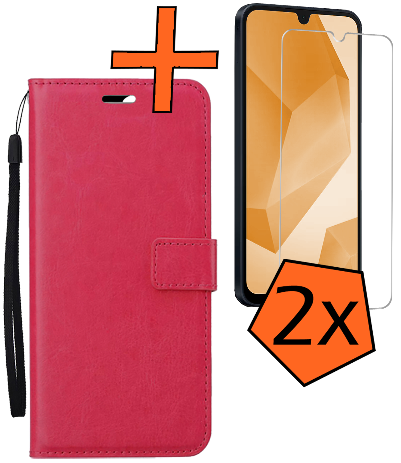 Nomfy Hoesje Geschikt voor Samsung A16 Hoes Bookcase Flipcase Book Cover Met 2x Screenprotector - Hoes Geschikt voor Samsung Galaxy A16 Hoesje Book Case - Donkerroze