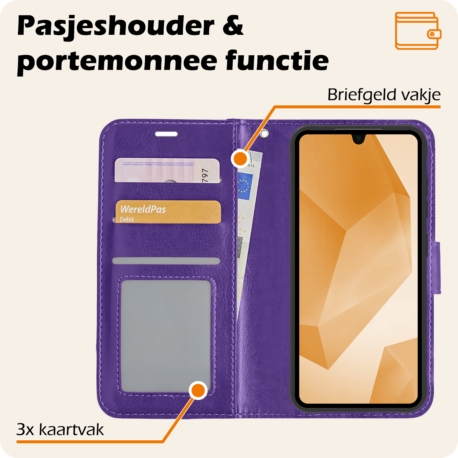 Nomfy Hoesje Geschikt voor Samsung A16 Hoes Bookcase Flipcase Book Cover Met 2x Screenprotector - Hoes Geschikt voor Samsung Galaxy A16 Hoesje Book Case - Paars