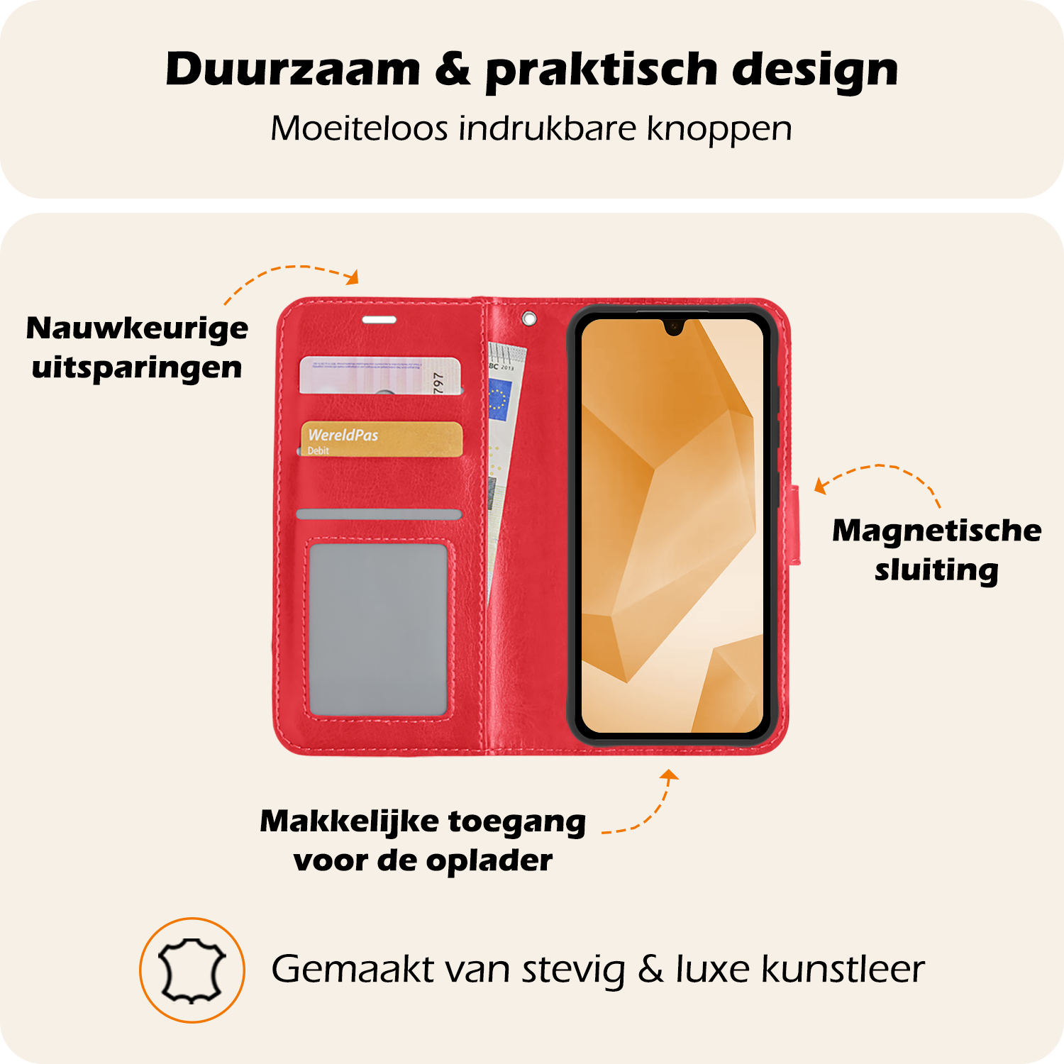 Nomfy Hoesje Geschikt voor Samsung A16 Hoes Bookcase Flipcase Book Cover Met 2x Screenprotector - Hoes Geschikt voor Samsung Galaxy A16 Hoesje Book Case - Rood