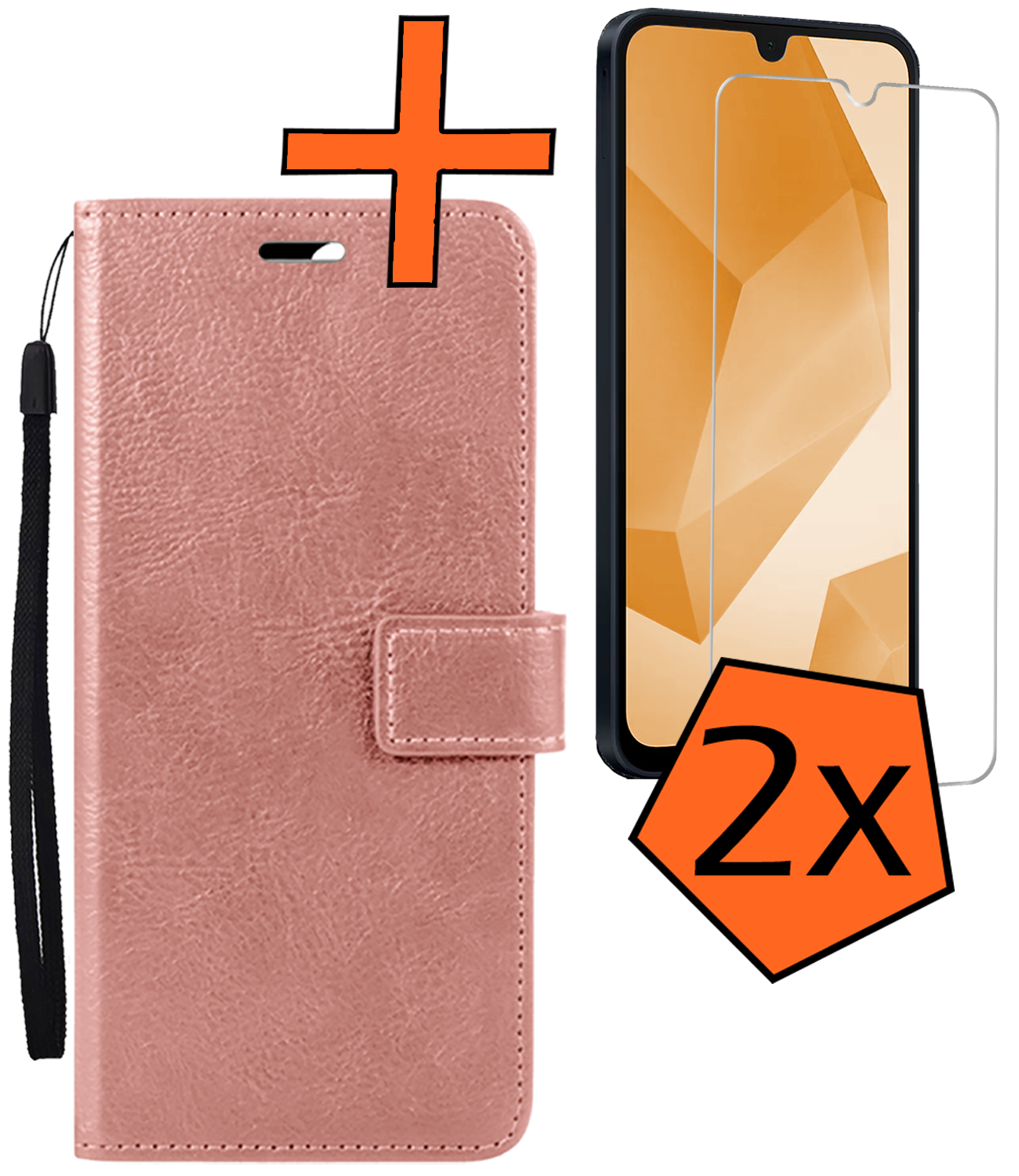 Nomfy Hoesje Geschikt voor Samsung A16 Hoes Bookcase Flipcase Book Cover Met 2x Screenprotector - Hoes Geschikt voor Samsung Galaxy A16 Hoesje Book Case - Rosé goud