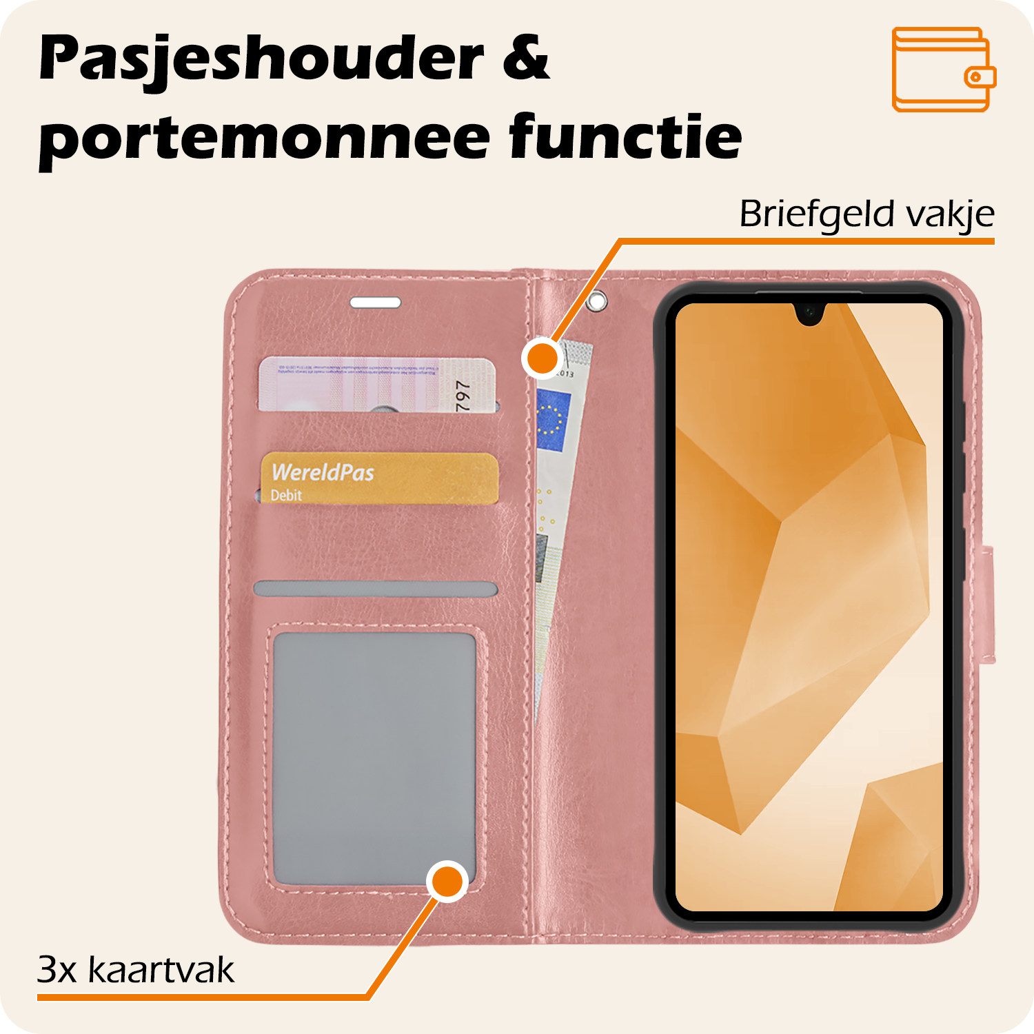 Nomfy Hoesje Geschikt voor Samsung A16 Hoes Bookcase Flipcase Book Cover Met 2x Screenprotector - Hoes Geschikt voor Samsung Galaxy A16 Hoesje Book Case - Rosé goud