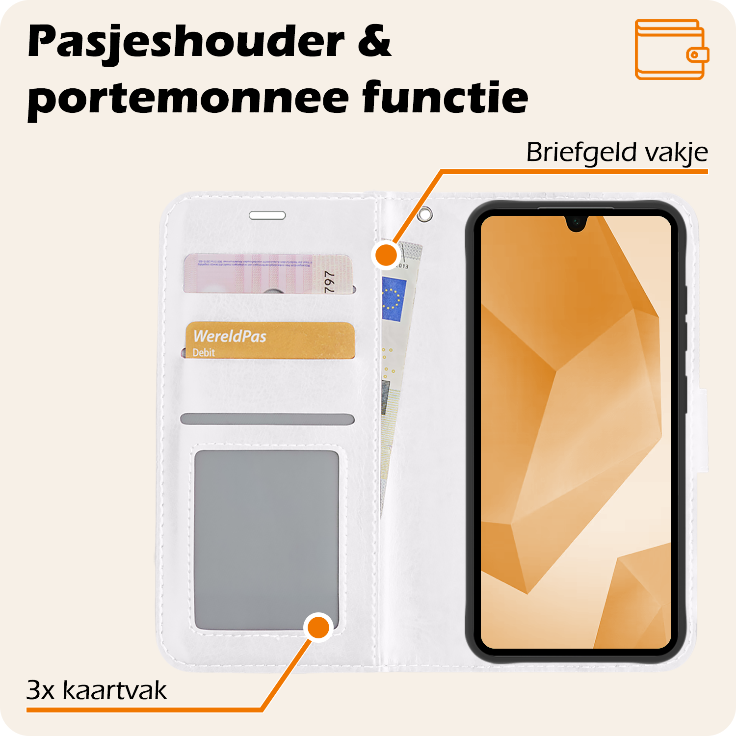 Nomfy Hoesje Geschikt voor Samsung A16 Hoes Bookcase Flipcase Book Cover Met 2x Screenprotector - Hoes Geschikt voor Samsung Galaxy A16 Hoesje Book Case - Wit