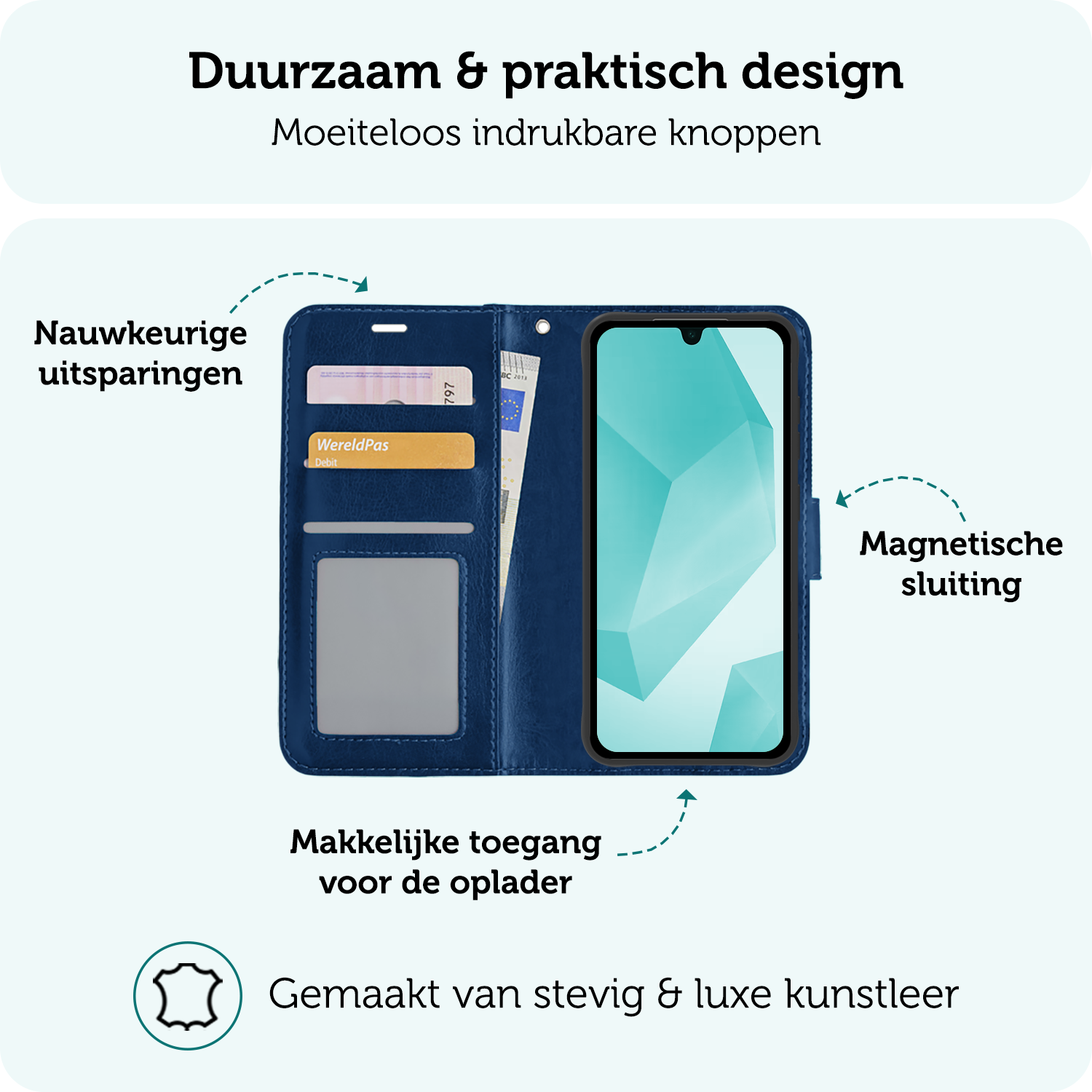 Forterra Hoesje Geschikt voor Samsung A16 Book Case Kunstleer Hoes - Hoes Geschikt voor Samsung Galaxy A16 Hoesje Bookcase Met Pasjeshouder - Donkerblauw